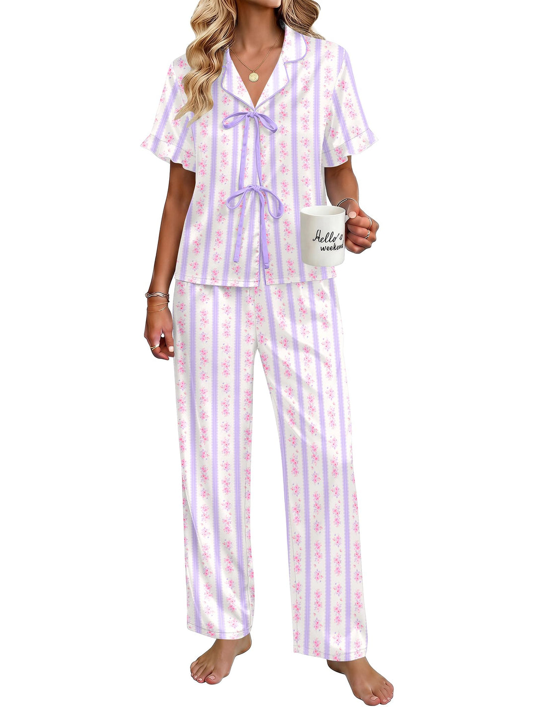 Ekouaer Womens Satin Pajama Sets Silky Tie Front Ruffle Pjs Sets Sleepwear | Soft lightweight satin fabric; tie-front top with ruffle cuffs, ideal for loungewear, bridal party and vacation wear WEBE CLOTHING