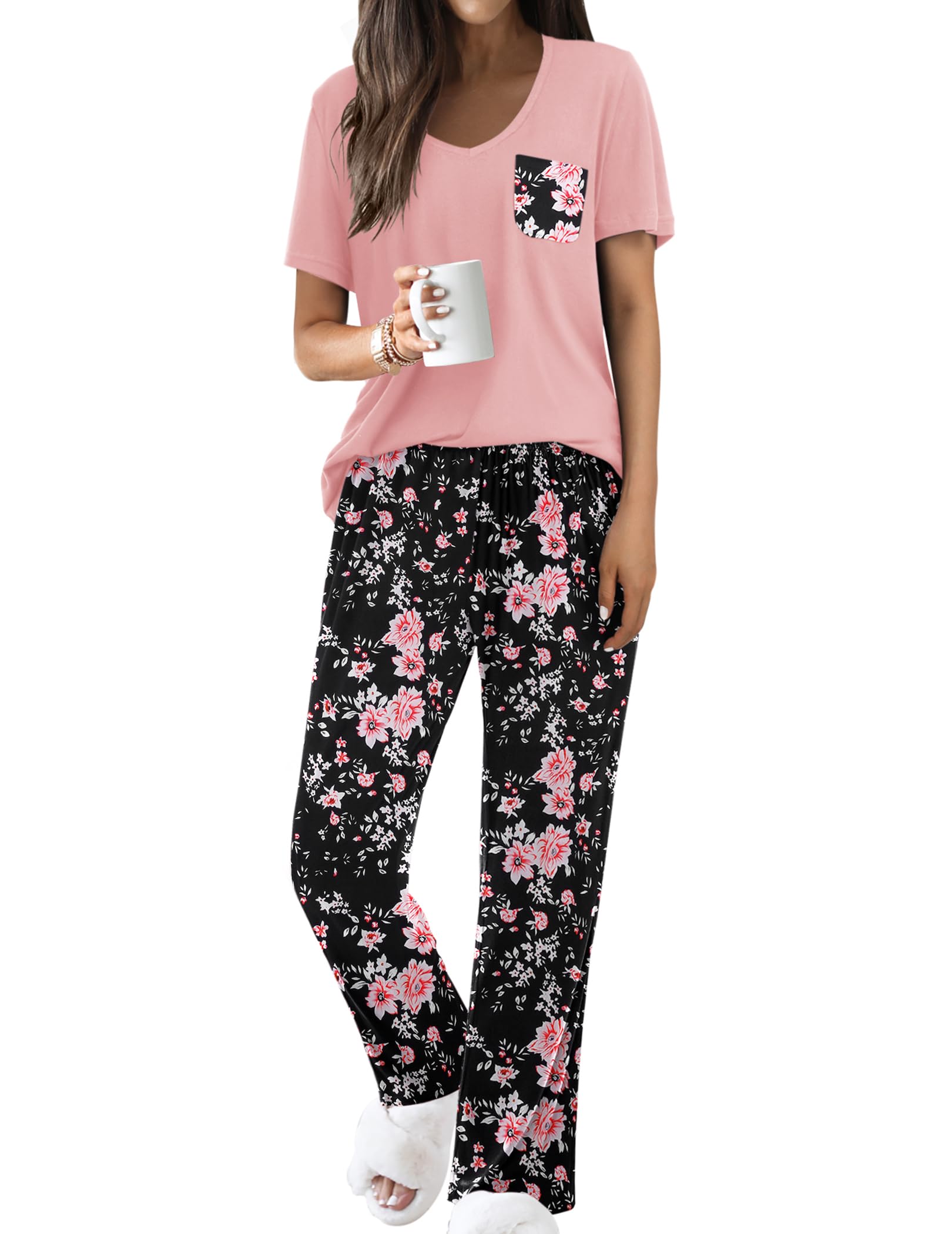 Ekouaer Pajama Sets for Women Short Sleeve Pj Set V Neck Sleepwear Chest Pocket with Long Pants Casual Loose Loungewear WEBE CLOTHING