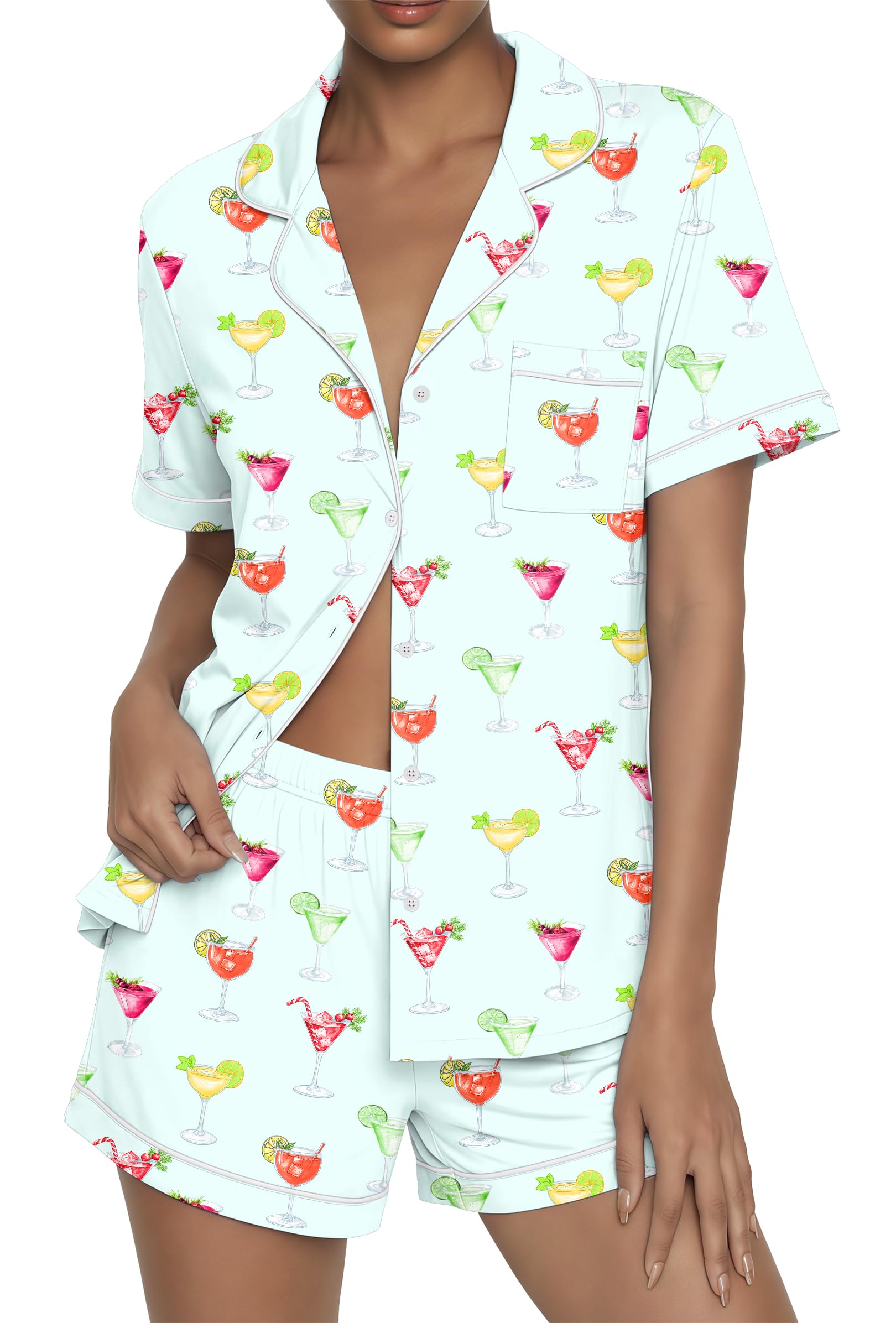 Ekouaer Womens Pajama Sets Button Up Summer Pjs 2 Piece Short Sleeve Sleepwear Lounge Set S-XXL