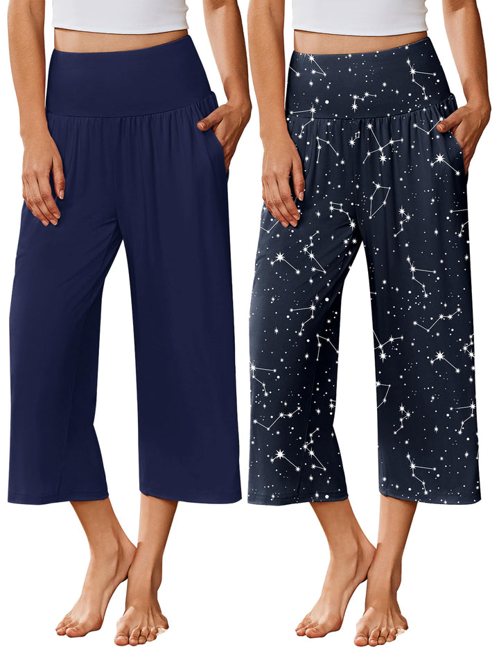 Ekouaer 2 Pack Womens Pajama Pants 2026 Wide Leg Capri Yoga Pants Lounge Comfy Sleep Pj Bottoms with Pockets