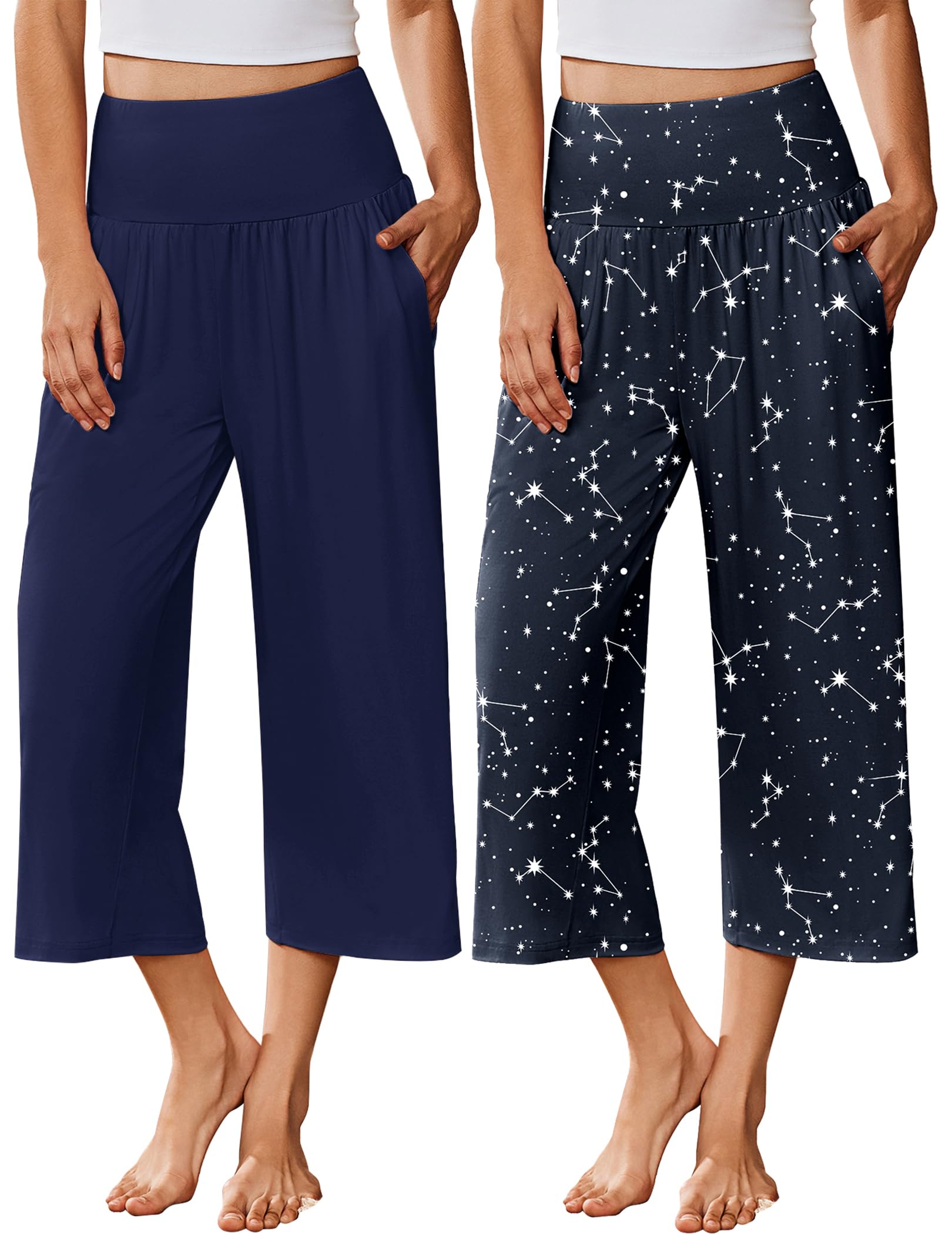 Ekouaer 2 Pack Womens Pajama Pants 2026 Wide Leg Capri Yoga Pants Lounge Comfy Sleep Pj Bottoms with Pockets