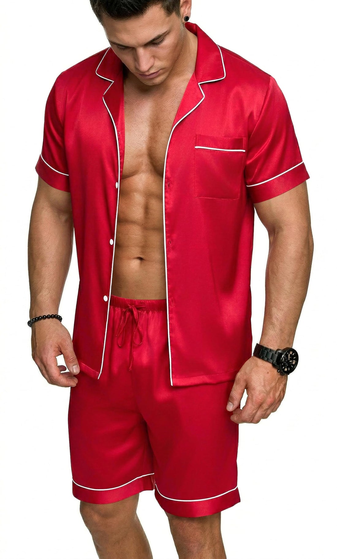 Ekouaer Mens Silk Satin Pajamas Set, Short Sleeve Sleepwear Lightweight Button Up Lounge Pjs Set with Pockets S-4XL WEBE CLOTHING