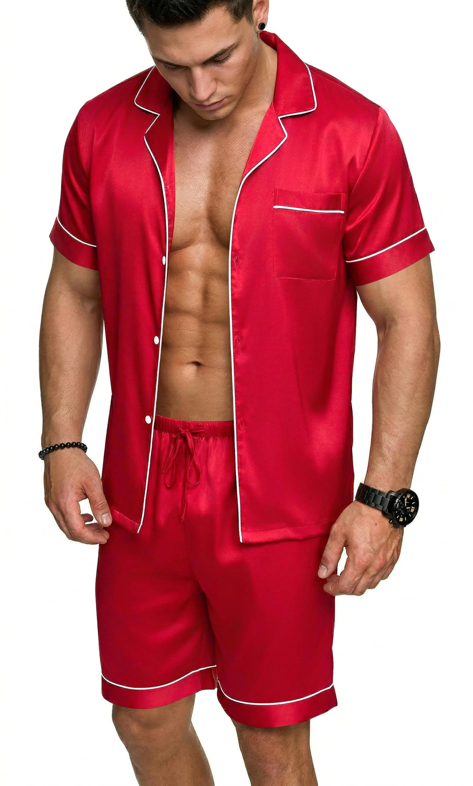 Ekouaer Mens Silk Satin Pajamas Set, Short Sleeve Sleepwear Lightweight Button Up Lounge Pjs Set with Pockets S-4XL WEBE CLOTHING