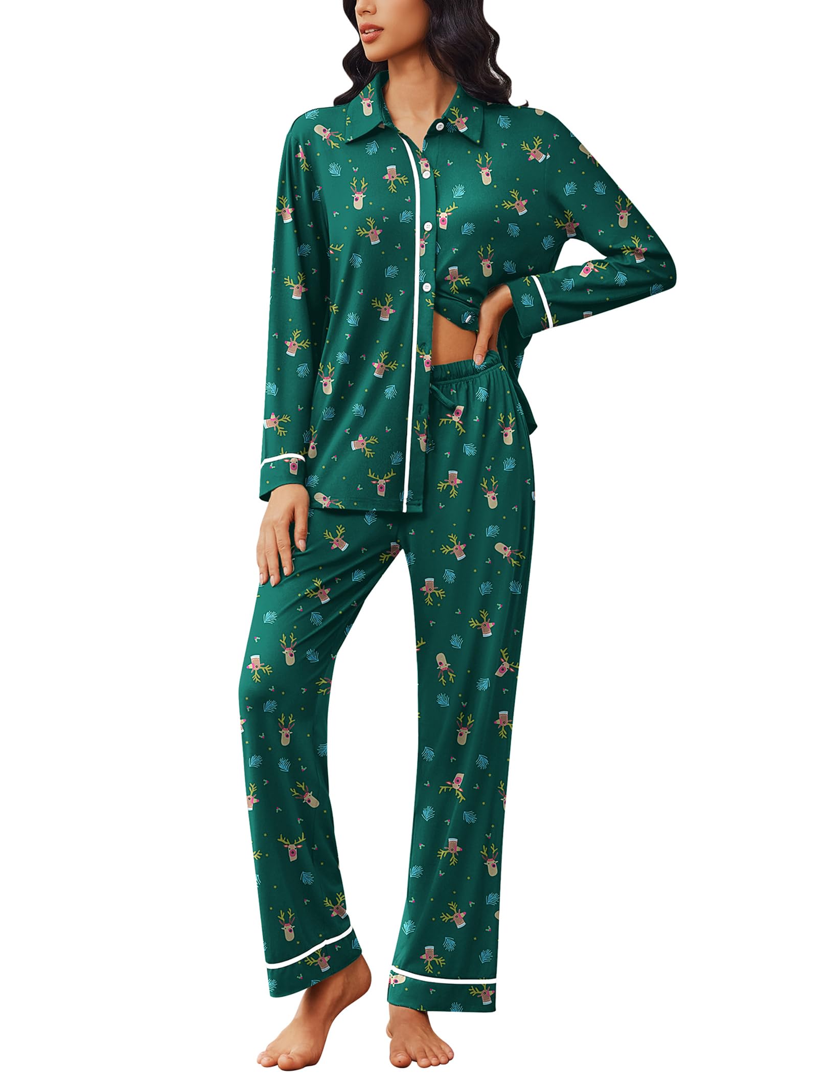 Ekouaer Womens Pajama Sets Long Sleeve Sleepwear Soft Button Down Pjs 2 Piece Loungewear witn Pants S-XXL
