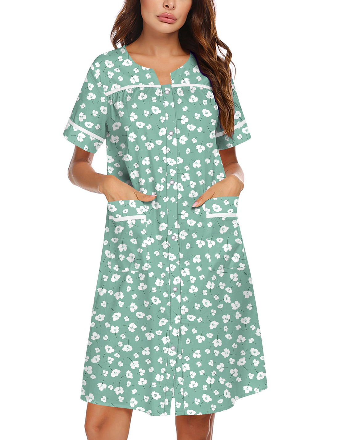 Ekouaer Nightgowns for Women House Dress with Pockets Snap Front House Coat | Duster Mumu Dress, Short Sleeve Moo Moos, Plus Size Sleepwear, Casual Lounge Dress, Labor Delivery Gown, Daily Wear, Home
