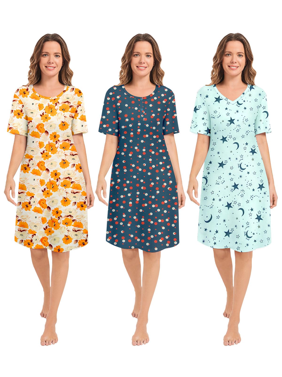 3 Pack Nightgowns for Women Short Sleeve Night Gown Soft Sleep Shirts Women's Sleepwear Print Sleep Dress WEBE CLOTHING