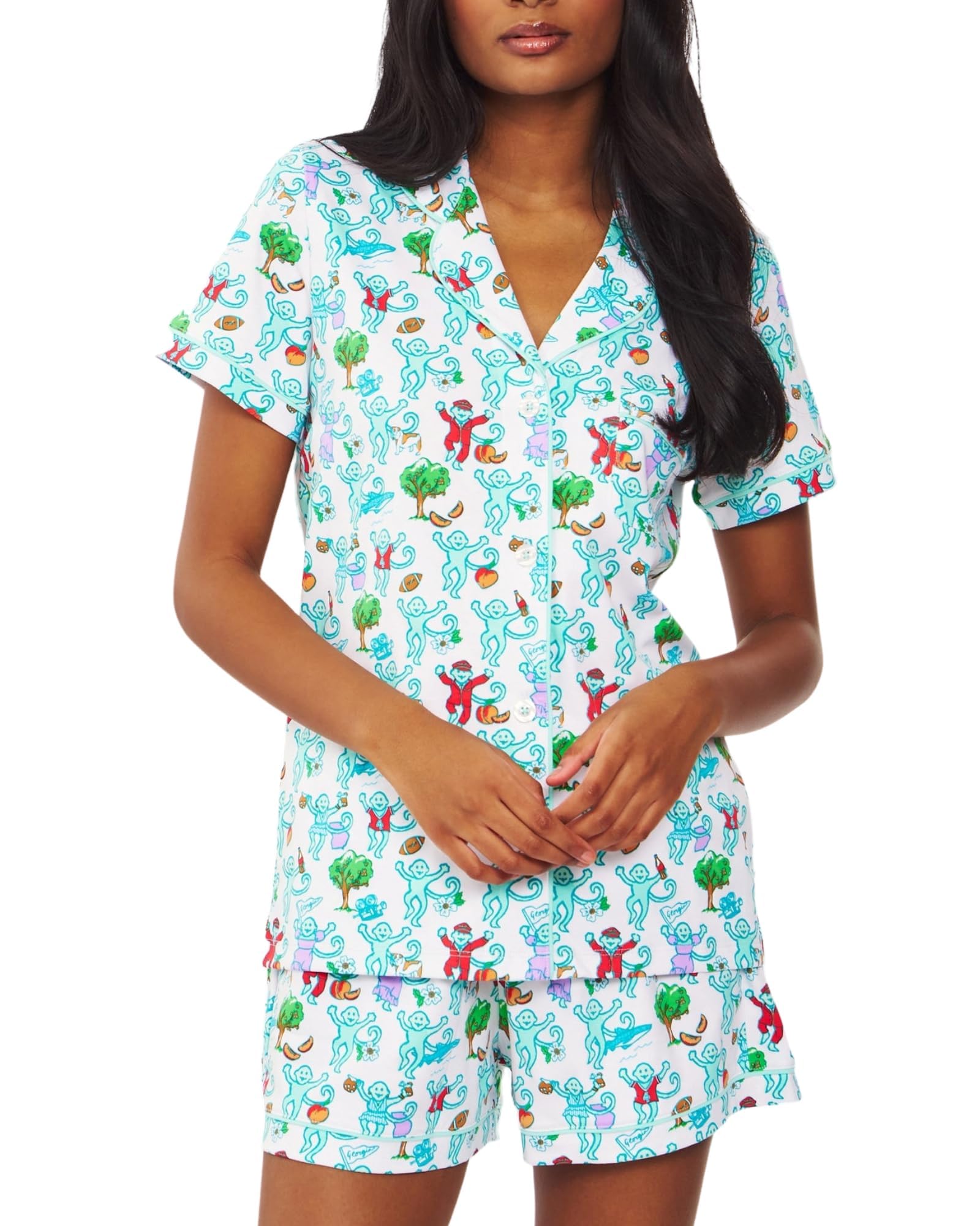Women Y2k Pajamas Set Cute Preppy 2PCS Button Down Holiday Monkey Shorts Summer Outfit Beach Vacation Loungewear PJs WEBE CLOTHING