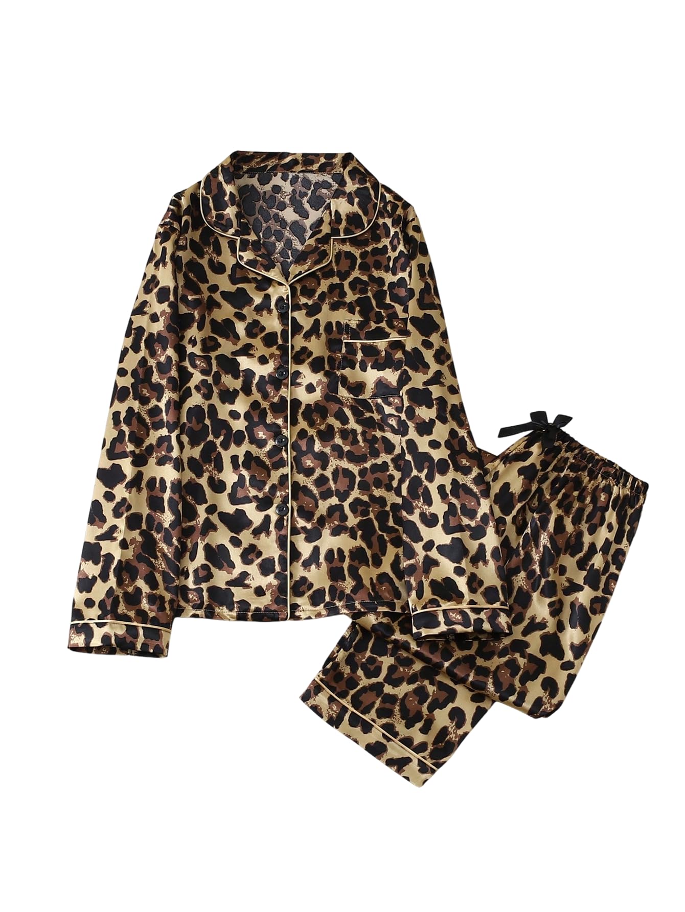 WDIRARA Women's 2 Piece Leopard Print Satin Pajama Set Lounge Sleepwear Set | Animal Print,Leopard Print Satin,Long Sleeve,Button Down,Cheetah Silk Loungewear Pj WEBE CLOTHING