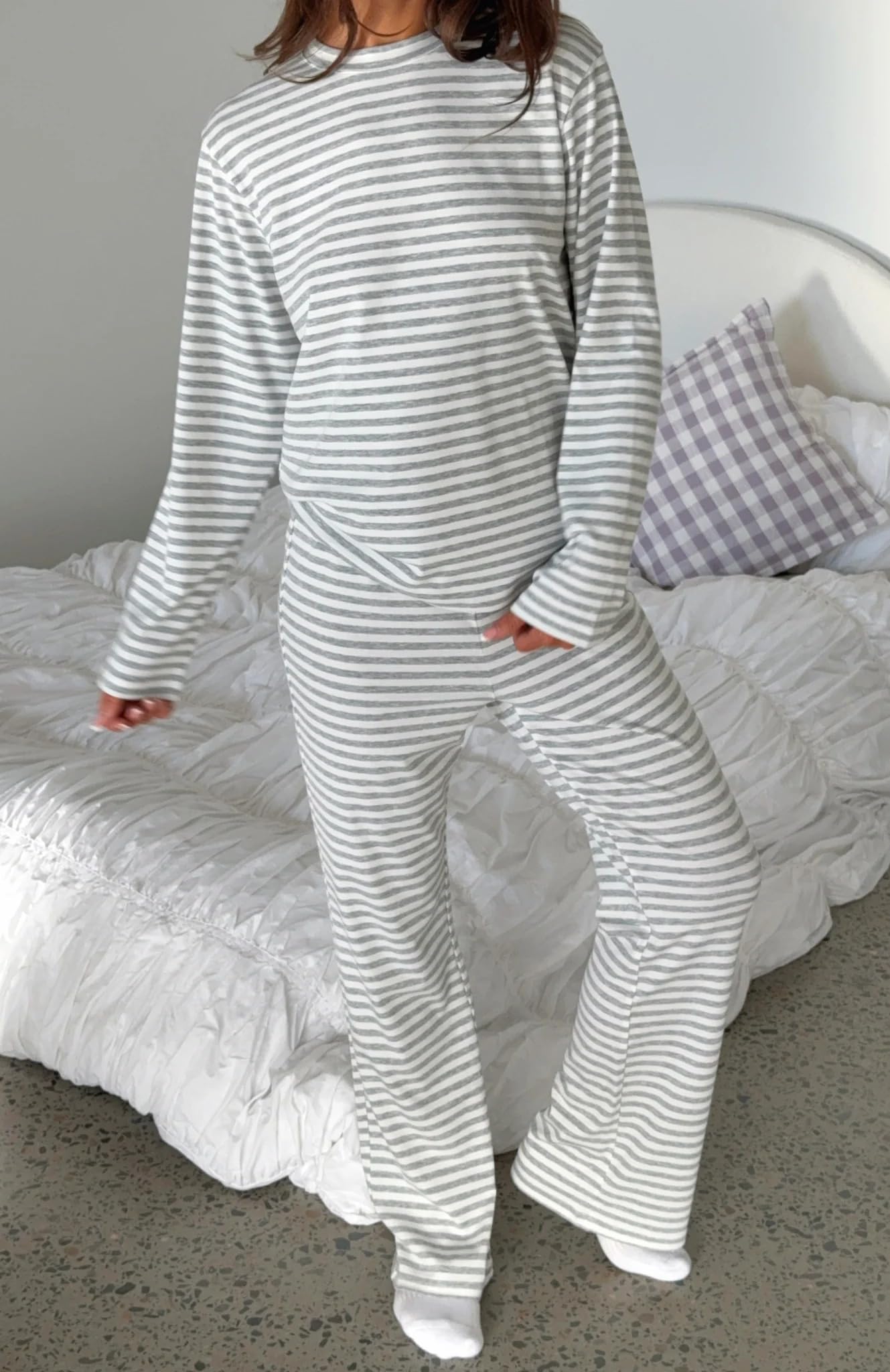 MISSACTIVER Women's Striped 2 Piece Lounge Set Casual Long Sleeve T-Shirt Drawstring Wide Leg Pants Matching Pajamas Set
