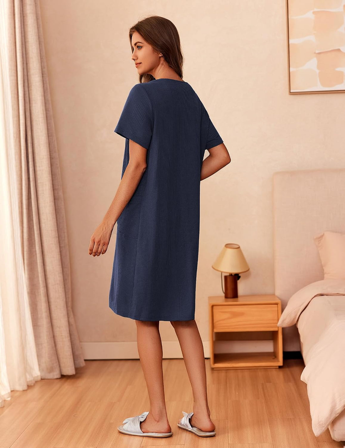 Ekouaer Zipper Robes for Women Short Sleeve Waffle Knit Bathrobe Lightweight House Coat with Pockets Soft Loungwear