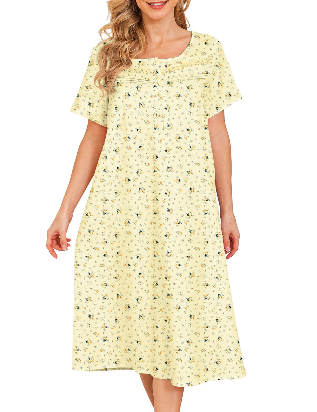 Bloggerlove Nightgowns for Women 100% Cotton Soft House Dress | 100 Full Cotton, Button Neck, Knee Length, Lace Trim Floral, Breathable, Skin-frieend, Loose Fit, Comfy Sleepwear WEBE CLOTHING