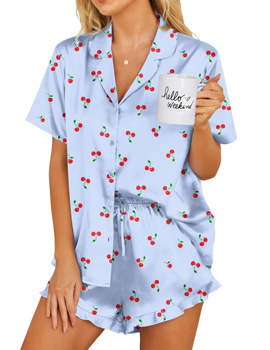 Ekouaer Womens Satin Pajamas Set Button Down 2 Piece Silk Pjs Shorts Set Ruffle Lingerie Notch Collar Sleepwear