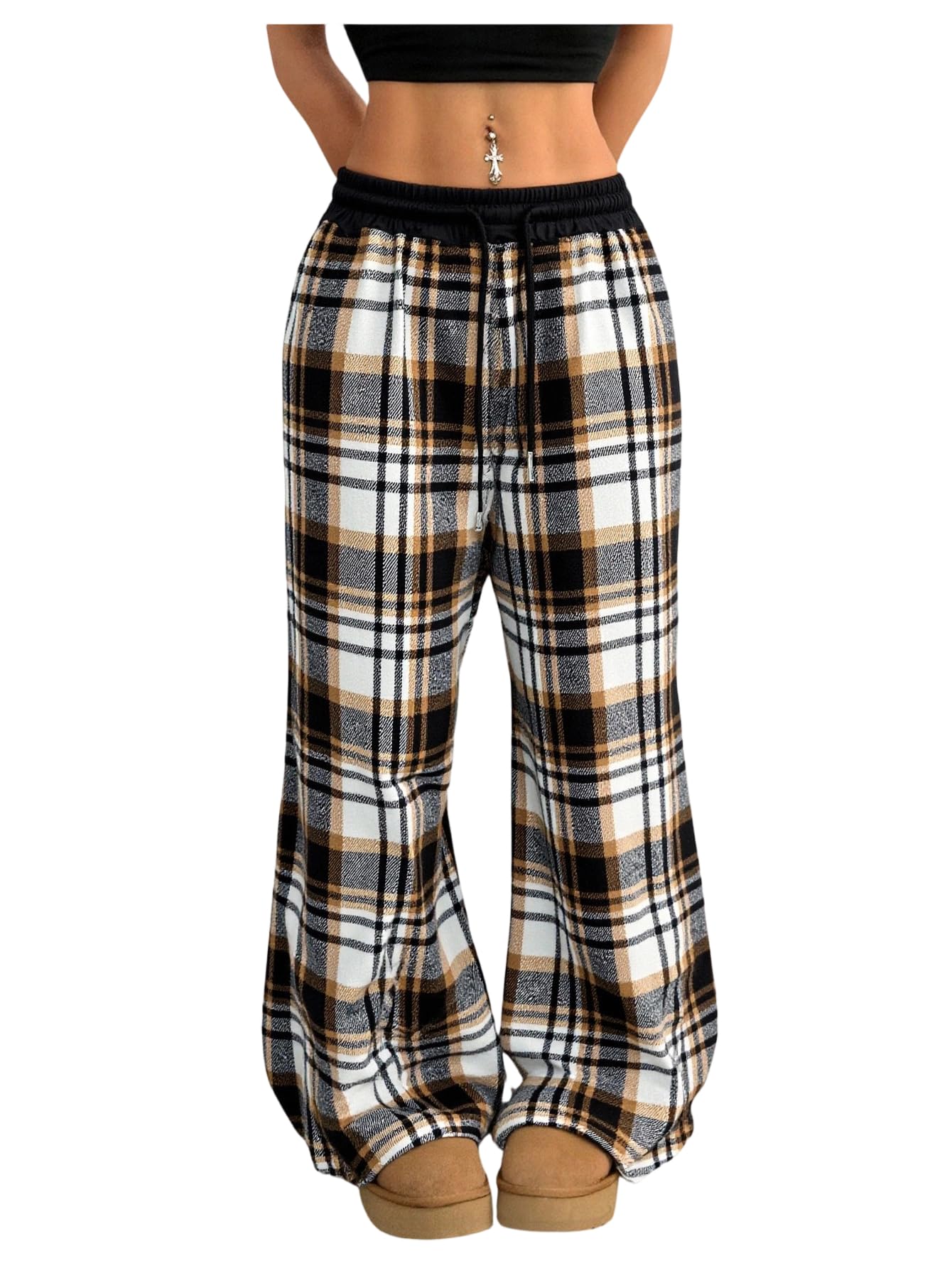 SOLY HUX Women's Plaid Checkered Pants Flannel Pajama Pants Lounge Wide Leg Baggy Sweatpants with Pockets