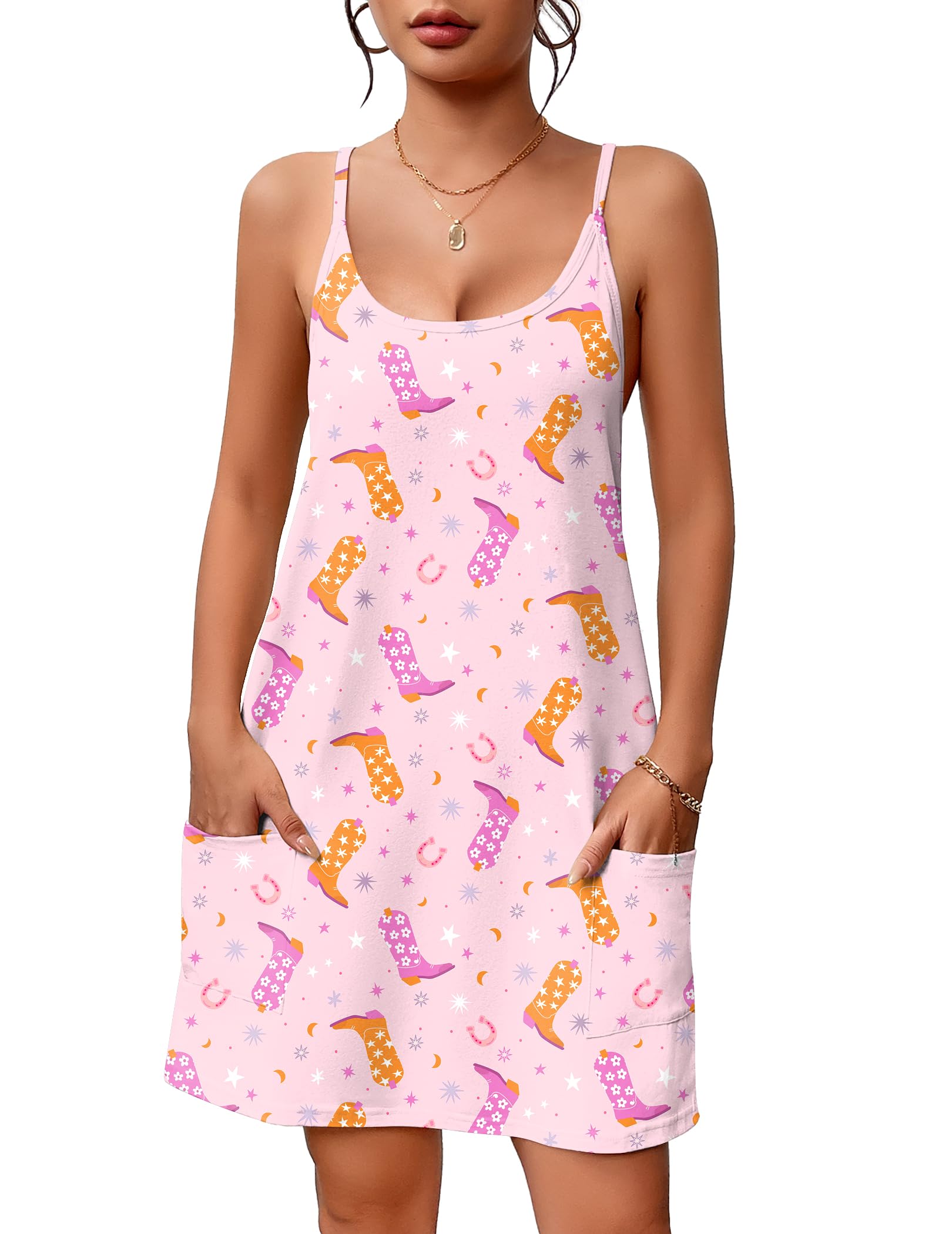 Ekouaer Nightgowns for Women Cotton Sleepwear Sexy Sleep Shirt Adjustable Spaghetti Strap Night Gowns with Pockets S-3XL WEBE CLOTHING