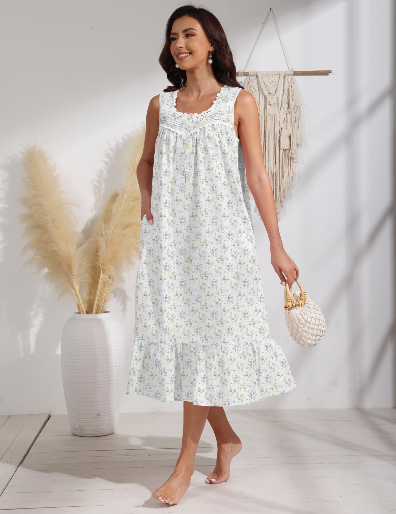 100% Cotton Floral Pearl Snap Nightgown for Women Sleeveless Victorian Sleep Dress Cotton Nightgowns with Pockets WEBE CLOTHING