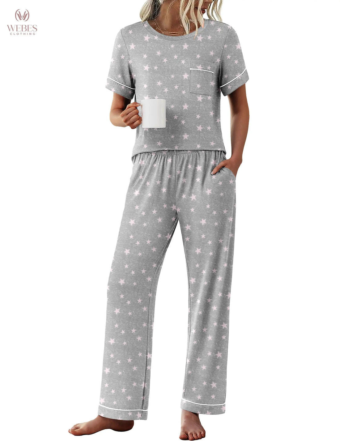 Ekouaer Womens Pajama Sets 2 Piece Pjs Sleepwear Comfy Lounge Set | Short Sleeve Top & Long Pants with Pockets,Soft Lightweight Stretchy Fabric,Summer Loungewear,Gift for Wife,Mom,Friends WEBE CLOTHING