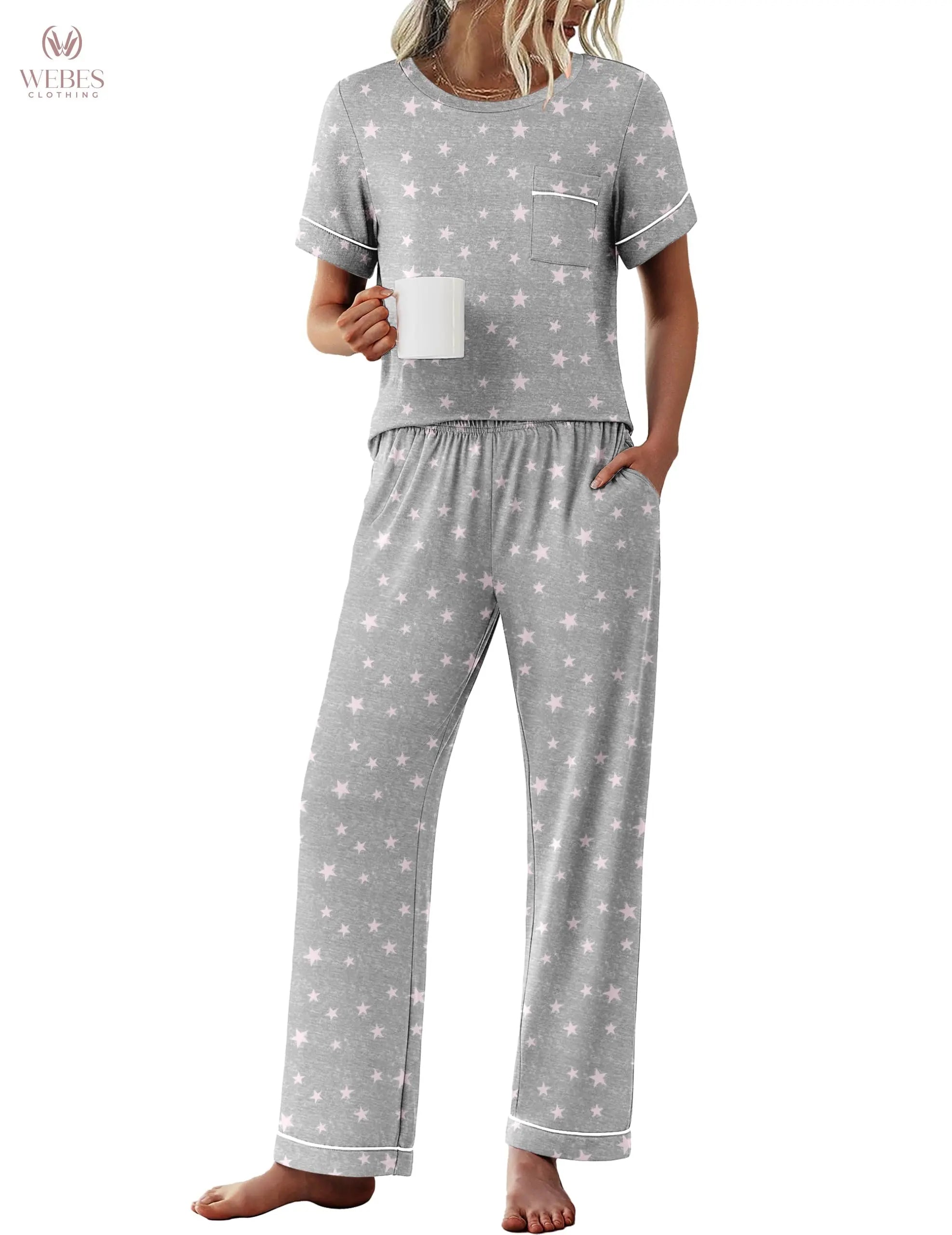 Ekouaer Womens Pajama Sets 2 Piece Pjs Sleepwear Comfy Lounge Set | Short Sleeve Top & Long Pants with Pockets,Soft Lightweight Stretchy Fabric,Summer Loungewear,Gift for Wife,Mom,Friends WEBE CLOTHING