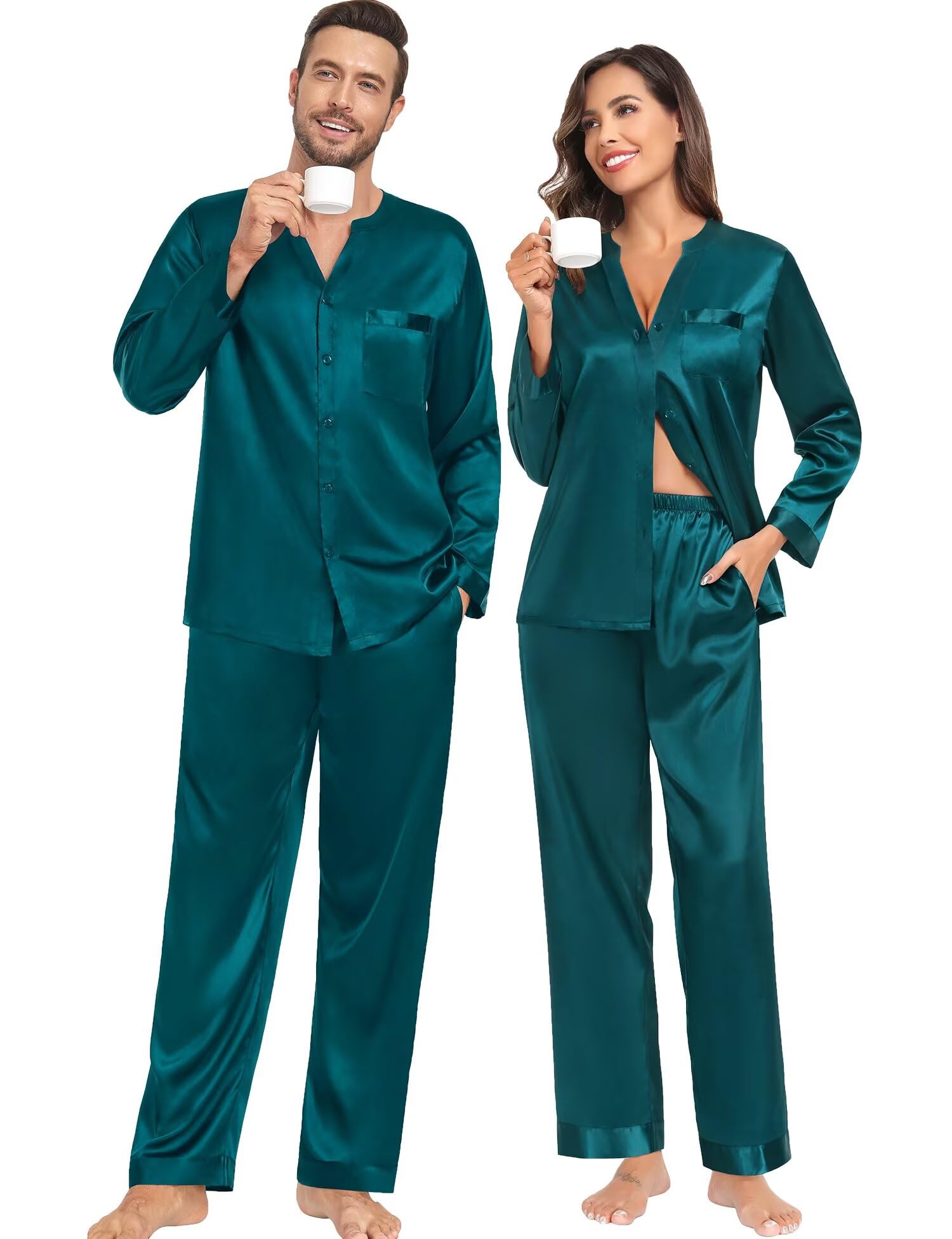 SWOMOG Family Matching Pajama Set 2Pcs Silk Satin Sleepwear Long Sleeve Button Down Loungewear