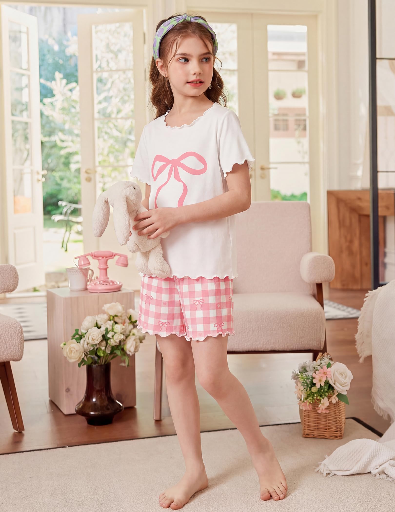 Arshiner Girls Pajama Set Short Sleeve Lounge Set Soft Shirring Summer Sleepwear Pj Sets
