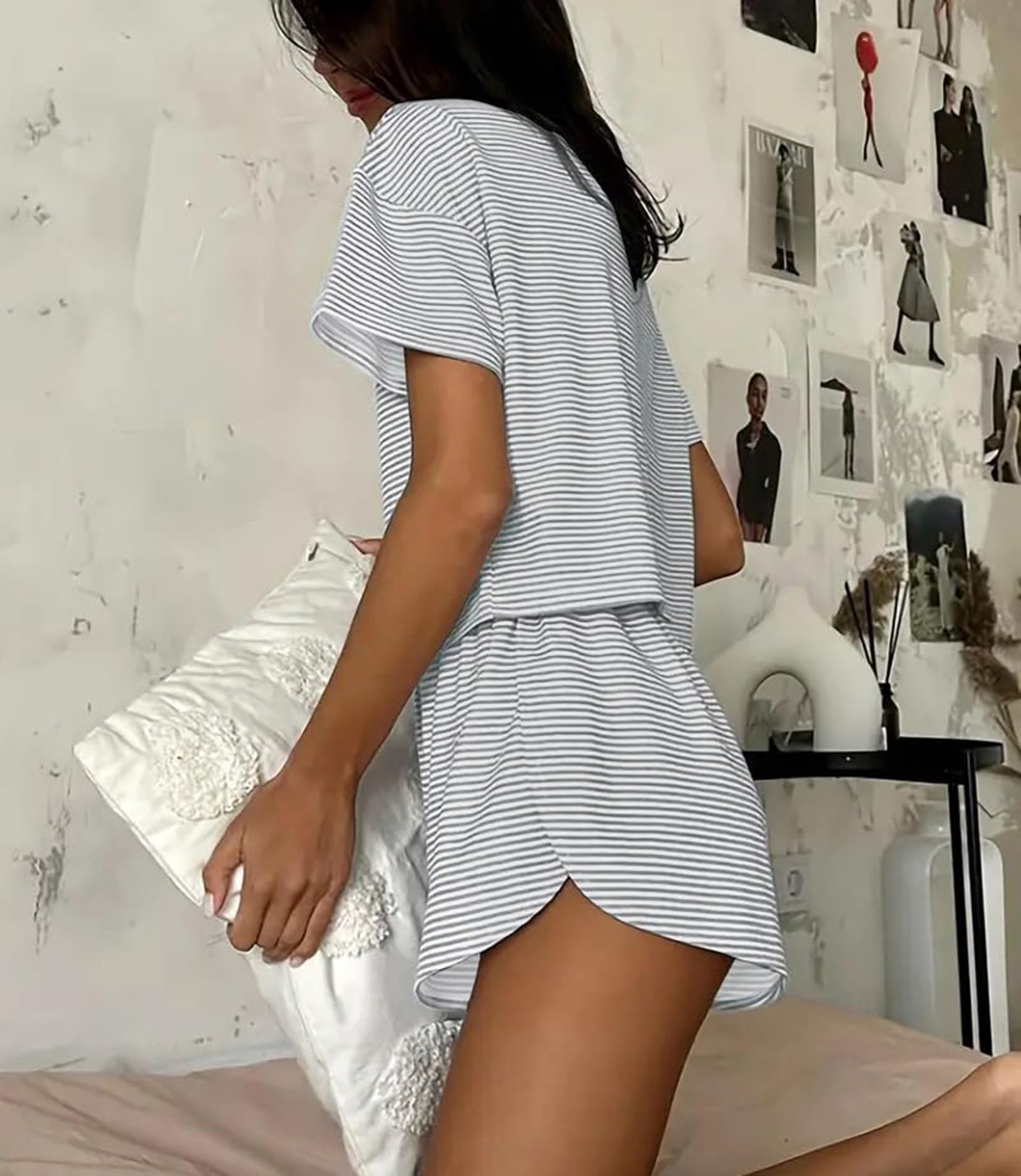 Women's 2 Piece Pajama Set Short Sleeve Sexy Side Split Short Lounge Set Cute Comfy Sleepwear Loungewear