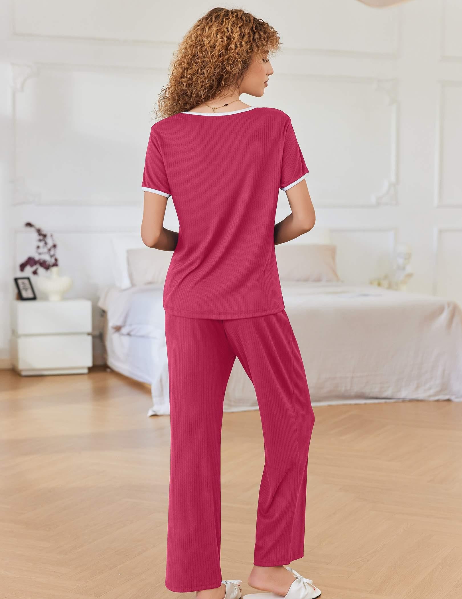 Ekouaer Women Lounge Pajamas Sets Ribbed Knit PJ Short Sleeve and Long Pajama Pant Soft 2 Piece Sleepwear Loungwear Set