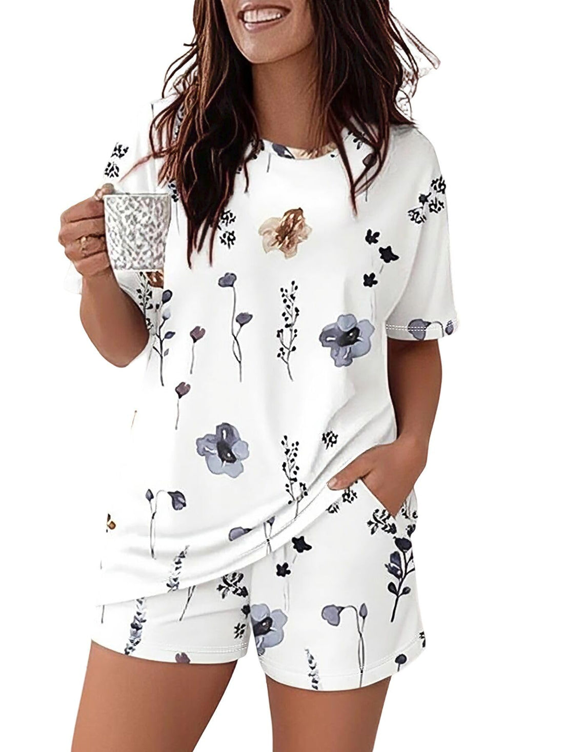 CHICME Pajamas Set for Women 2 Piece Pjs Lounge Set Soft Short Sleeve Tops and Sleep Shorts with Pocket