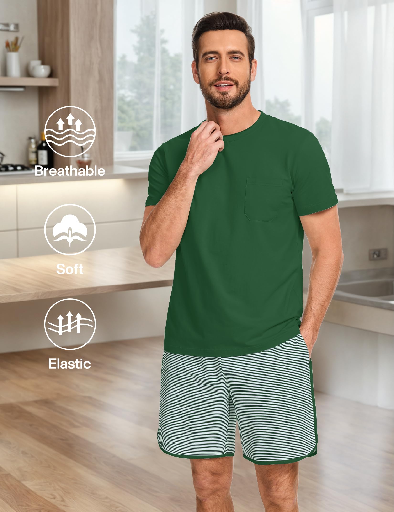 Mens Cotton Pajamas Set Stripe 2 Piece Lounge Set Pjs Summer Short Sleeve and Shorts Comfy Loungewear with Pockets WEBE CLOTHING