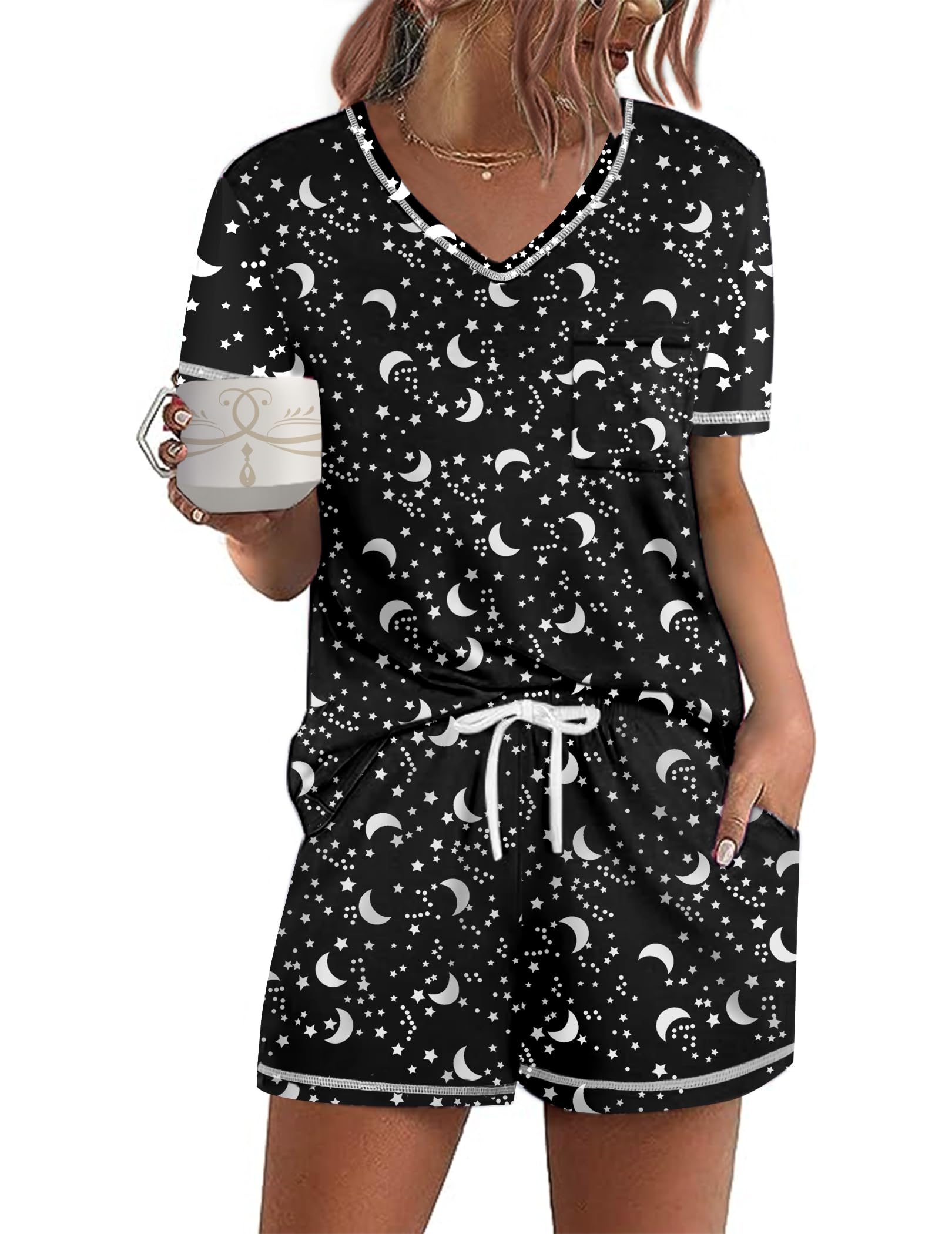 Ekouaer Women's Pajamas Sets Short Sleeve Pjs Two Piece Sleepwear Casual Lounge Sets With Pockets
