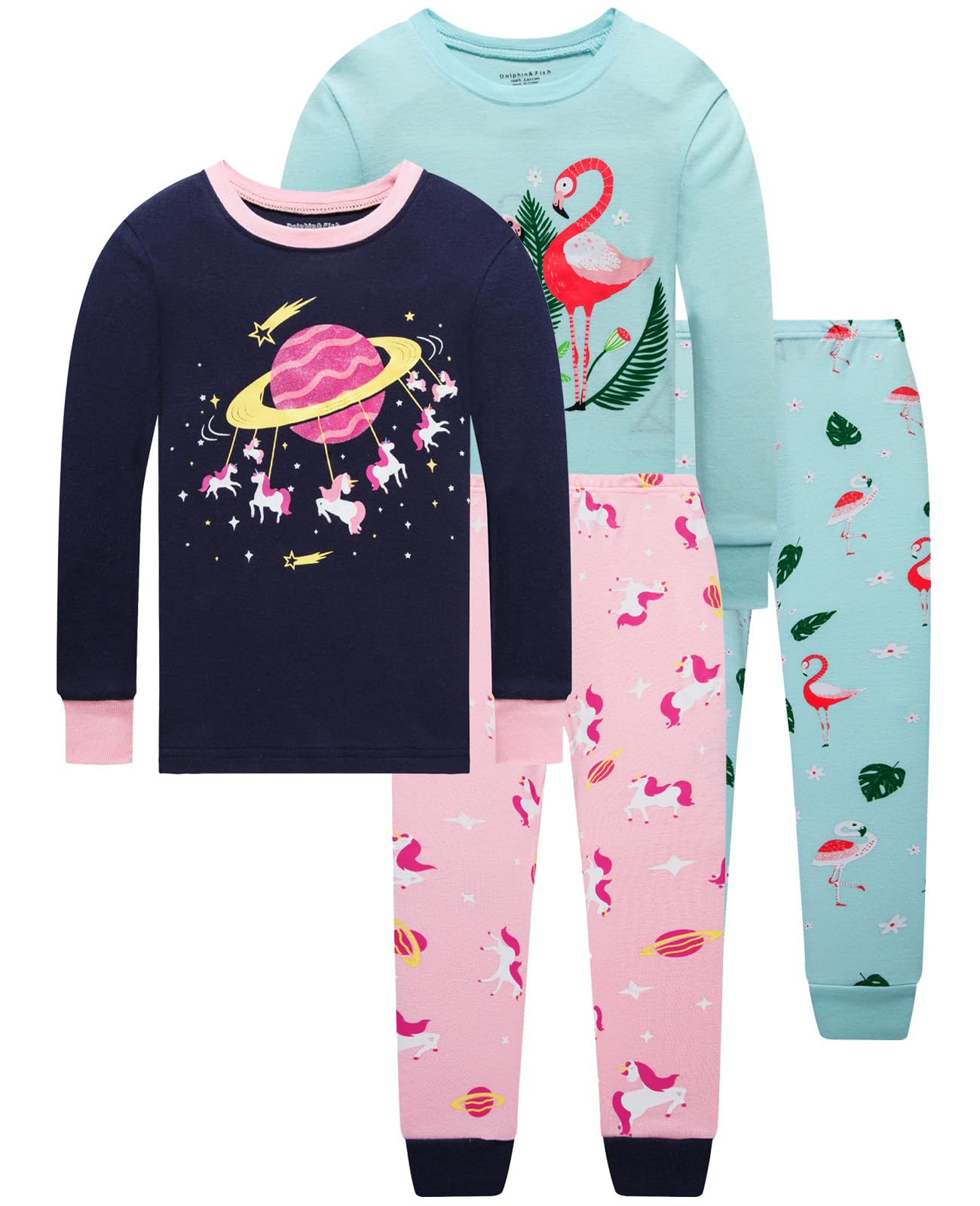 Dolphin&Fish Boys and Girls Soft Pajamas 100% Cotton Toddler Pjs Long Sleeve Kid Sleepwear Sets