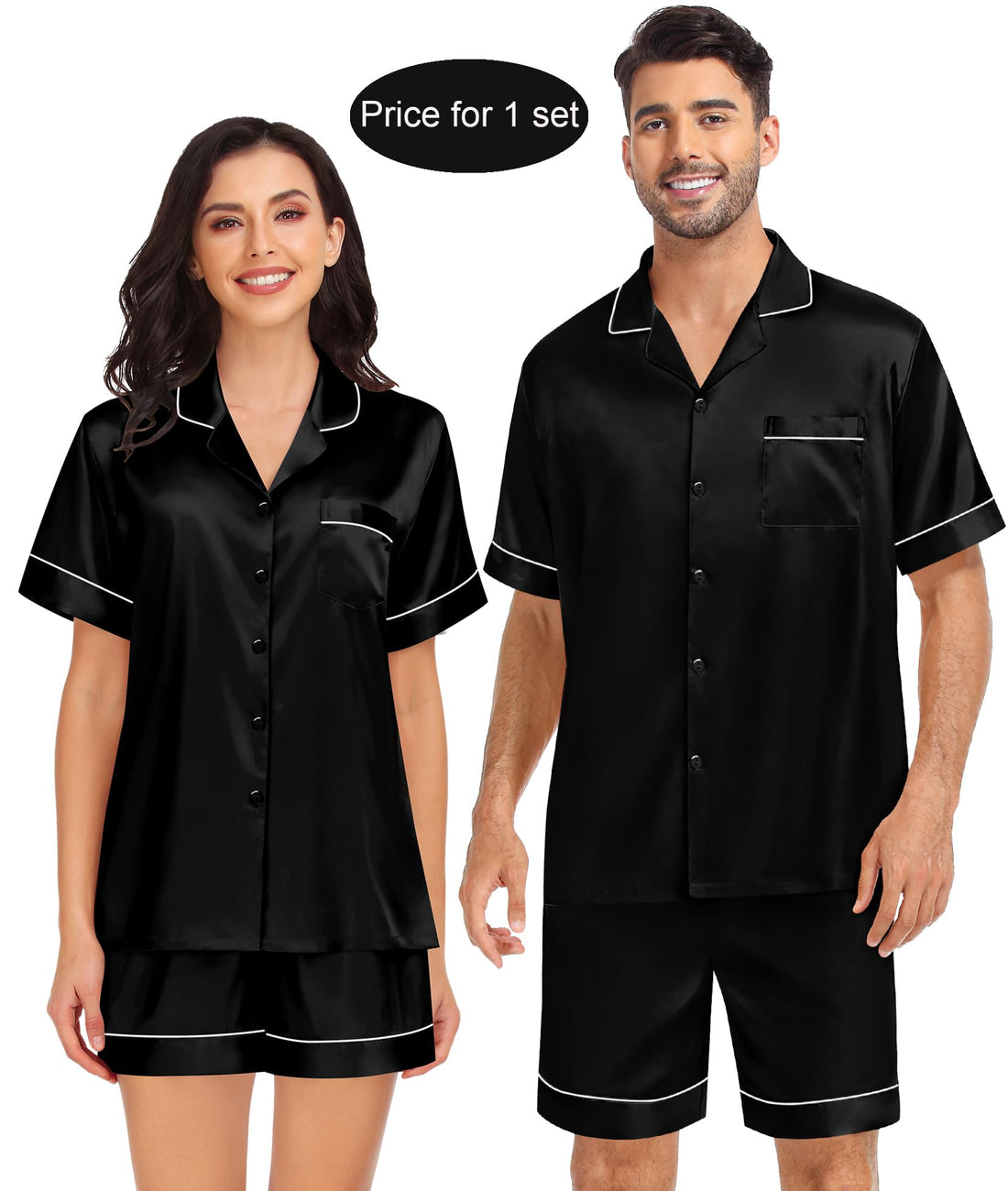 SWOMOG Couples Matching Pajamas Set Satin Short Sleeve Button Down Tops Silk Shorts Pj Lounge Set Soft Sleepwear