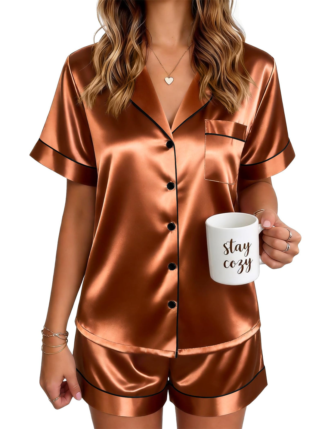 Ekouaer Satin Pajamas for Women Silk Pjs Short Set 2 Piece Button Up Lounge Sets Short Sleeve Sleepwear S-XXL