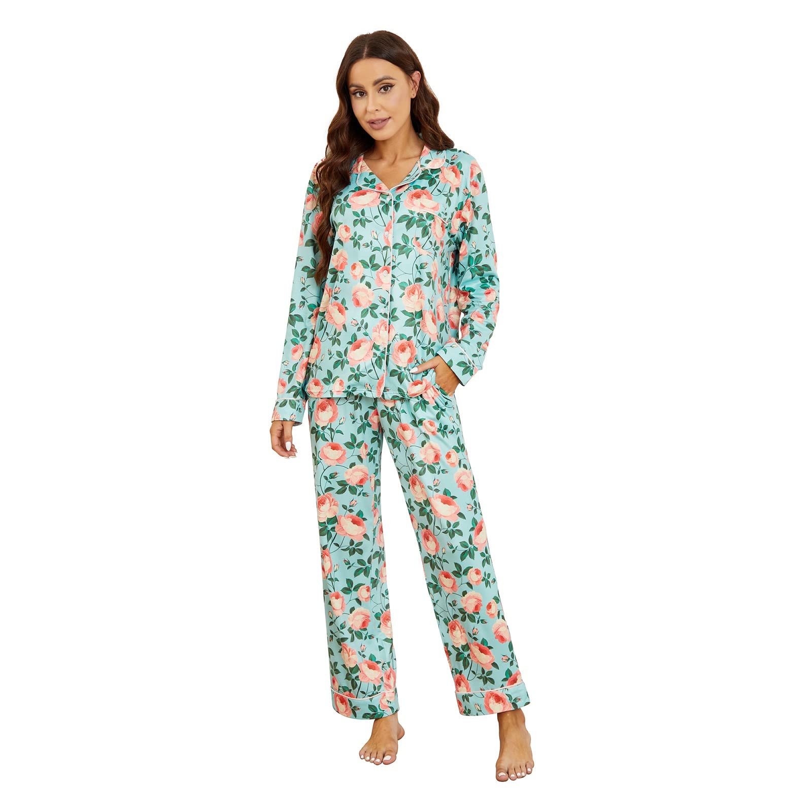 LYCY Womens Pajama Sets Floral Print, Long Sleeve Button Down Pajamas Set for Women Soft Sleepwear Pjs 2 piece Loungewear