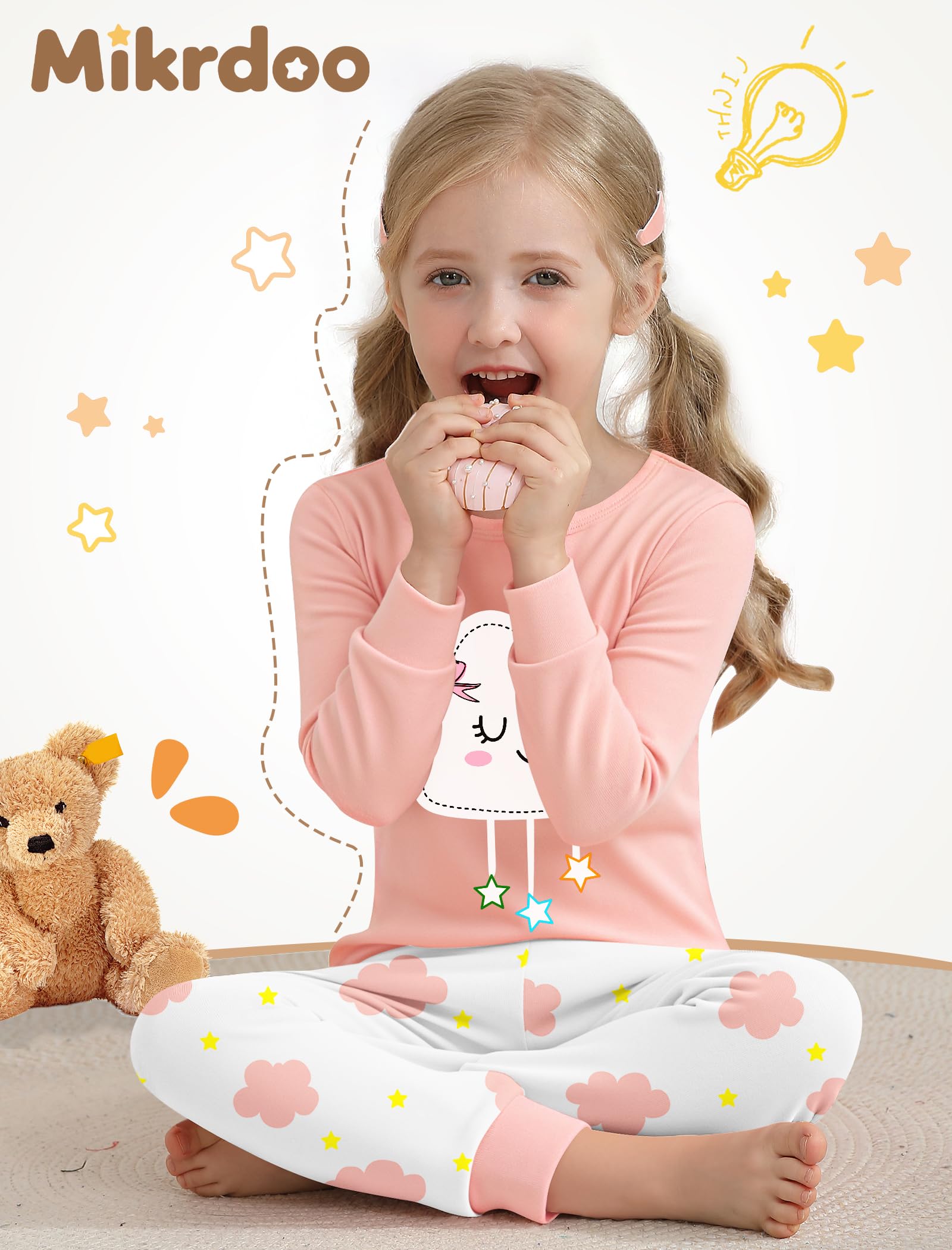 Mikrdoo Girls Pajamas Kids Soft Cute Cotton Long Sleeve 2 Piece Stretchy Snug Fit Pjs Set for Girls Size 4-14Y