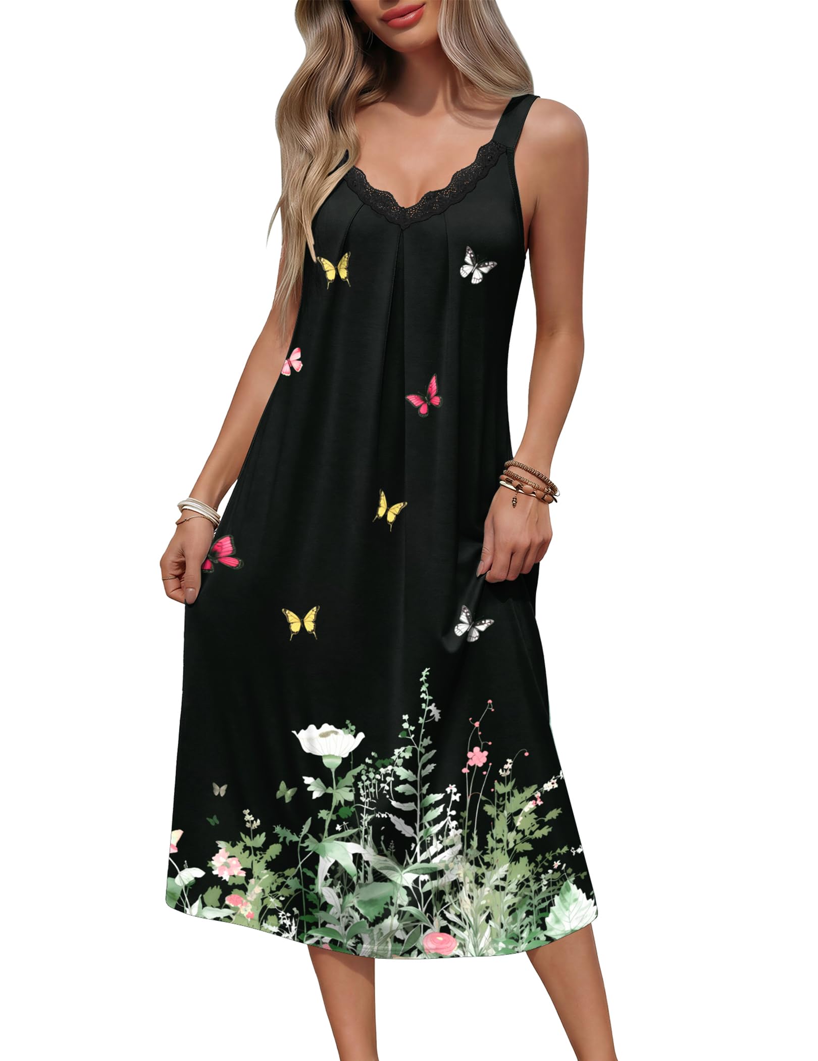 Ekouaer Sleeveless Nightgowns for Women Lace V-neck Long Nightdress Wide Strap Sleepwear Soft Lounge Dresses WEBE CLOTHING