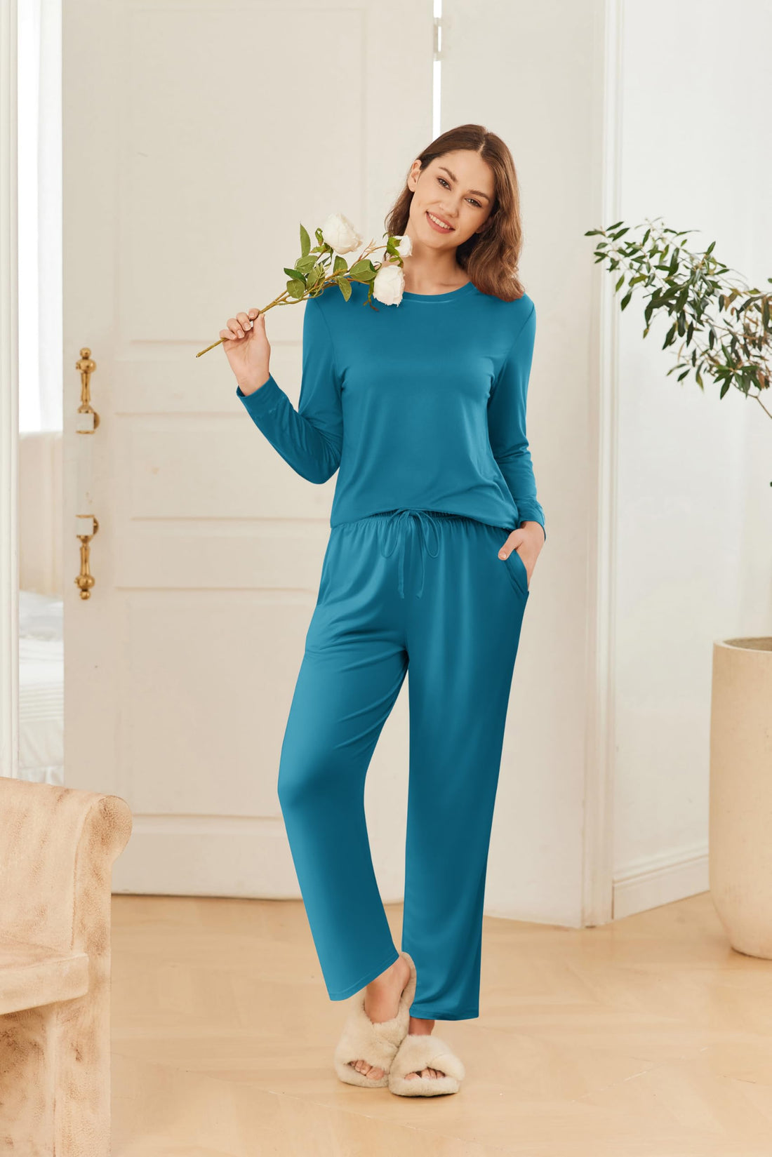 Ekouaer 2 Pack Women Pajama Long Sleeve Sleepwear Soft Loungewear Pjs Sets with Pockets S-XXL