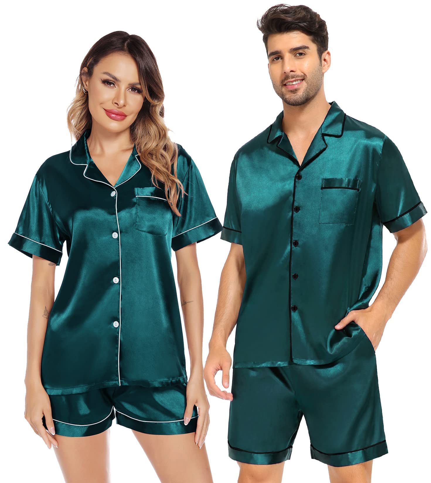 SWOMOG Satin Matching Pajamas Sets Couple Silk Button Down Nightwear Women & Men Short Sleeve Sleepwear 2 Pieces Loungewear