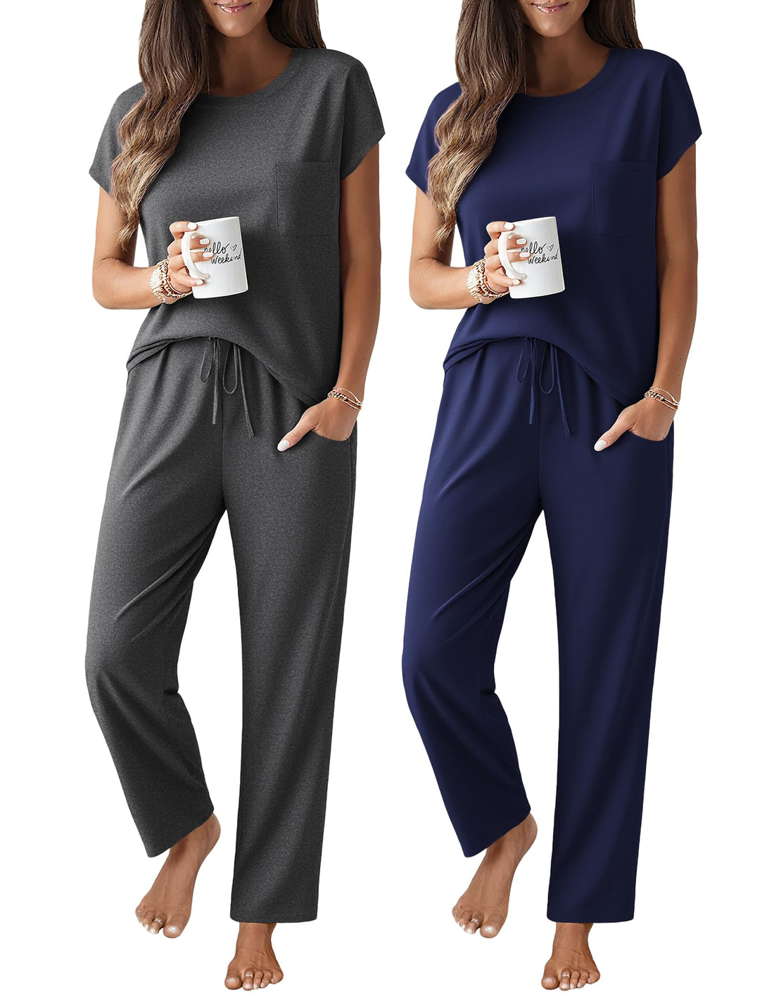 Ekouaer 2 Packs Pajamas for Women Set Cap Sleeve Top and Pants Soft Sleepwear Comfy Pjs Set with Pockets Loungewear