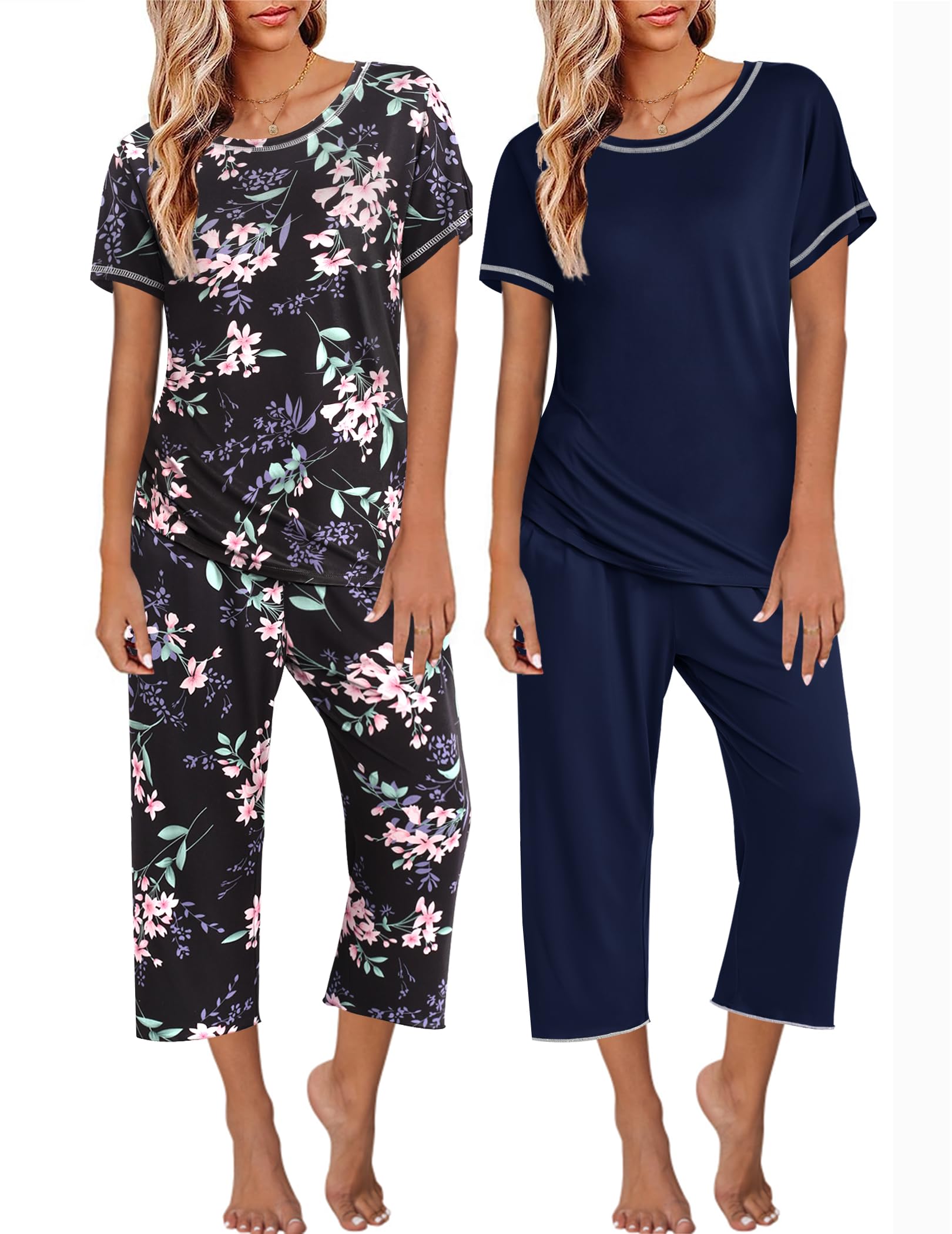 Ekouaer 2 Pack Womens Pajamas Sets Short Sleeve Tops and Capri Pants Pjs Colorful Printed Sleepwear Sets