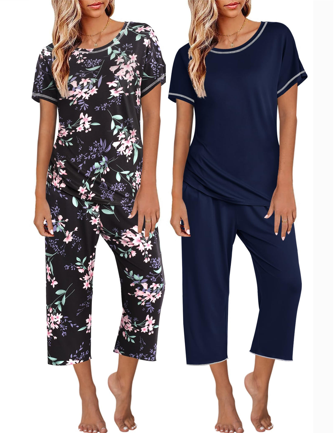 Ekouaer 2 Pack Womens Pajamas Sets Short Sleeve Tops and Capri Pants Pjs Colorful Printed Sleepwear Sets