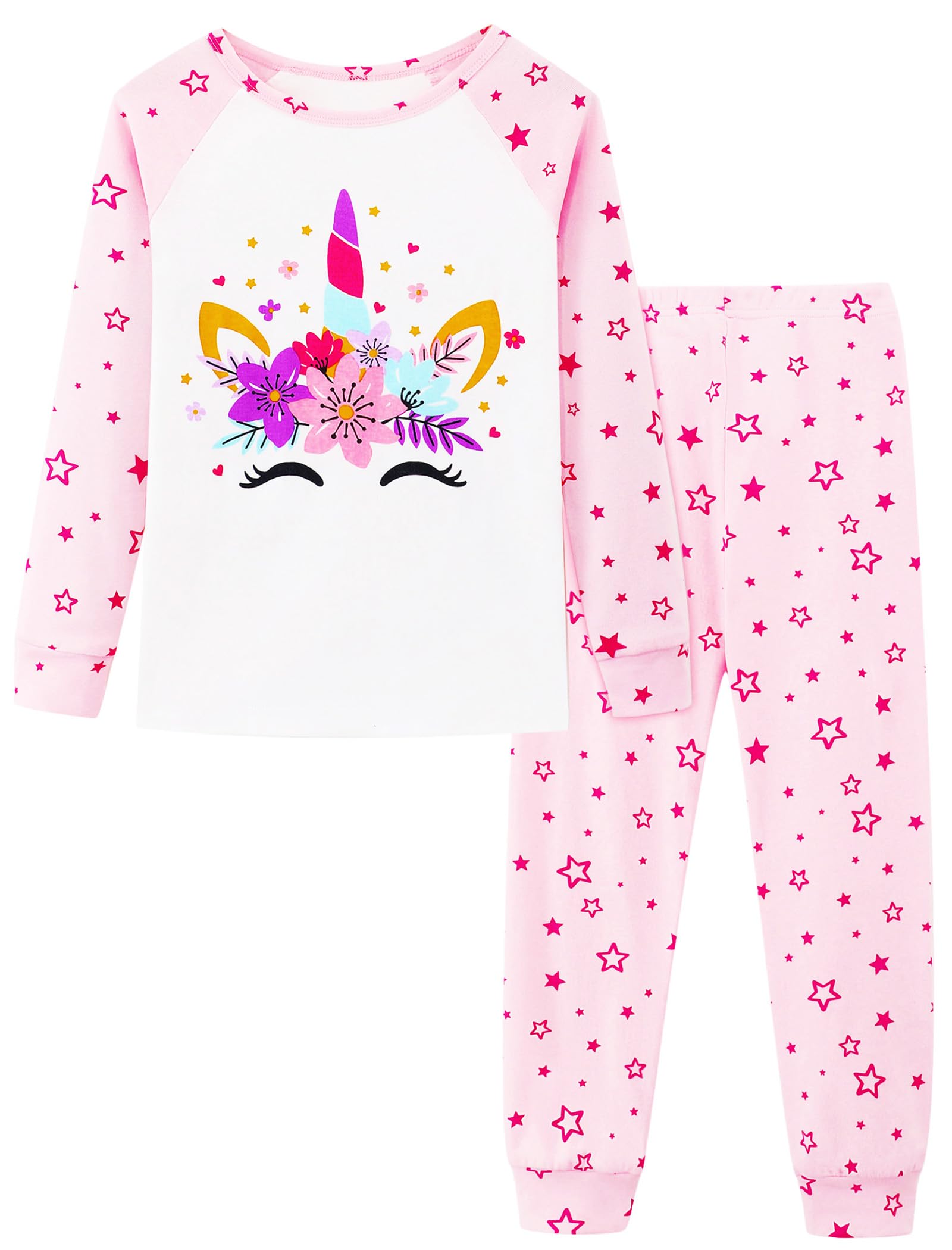 Mikrdoo Girls Pajamas Kids Soft Cute Cotton Long Sleeve 2 Piece Stretchy Snug Fit Pjs Set for Girls Size 4-14Y