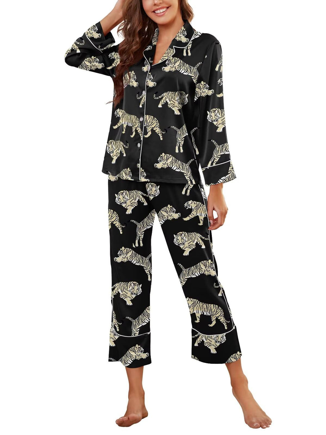 Brosloth Women's Silk Satin Pajamas Long Sleeve Button Up Loungewear Set | Button Down Animal Print Pajamas, Ladies Fancy Pajama sets, Two Piece Lounge Set, Notch Collar Lightweight Sleepwear, Gift WEBE CLOTHING