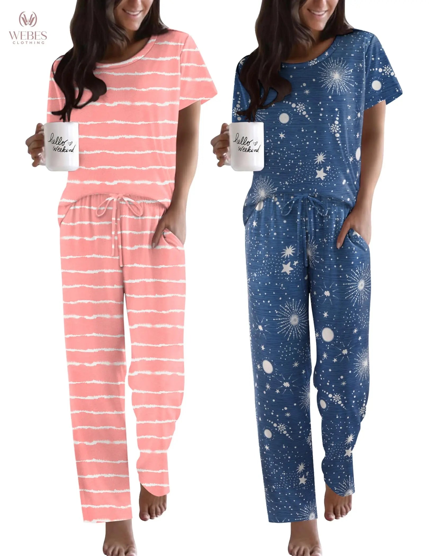 Ekouaer 2 Pack Pajamas for Women Set Short Sleeve Pj Top and Printed Pants | Soft PJs Cozy Printed Lounge Sets Comfy Sleepwear with Pockets WEBE CLOTHING