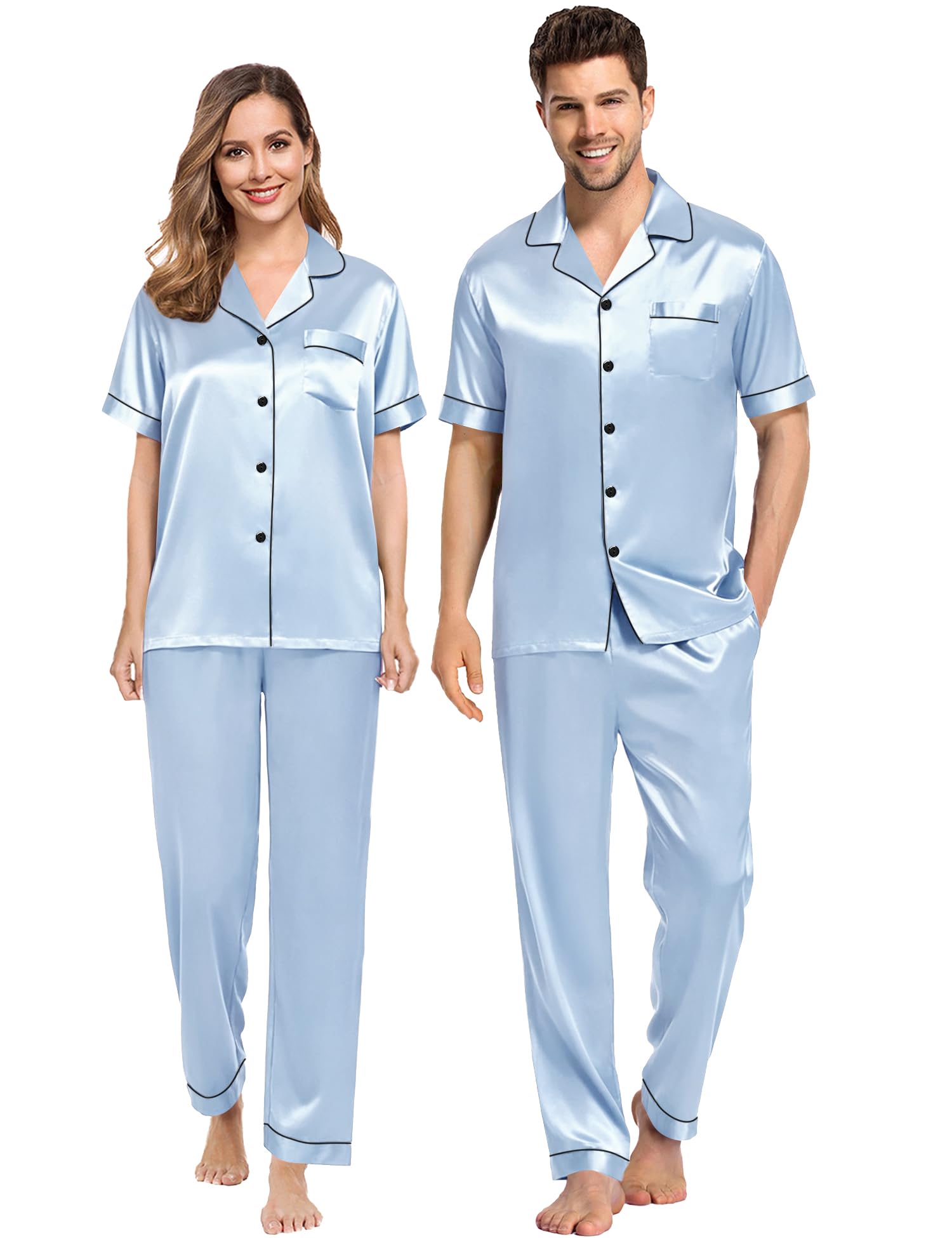 SWOMOG Couples Pajamas Sets Women & Men Satin Short Sleeve Sleepwear Button Down Loungewear Pjs Set with Long Pants