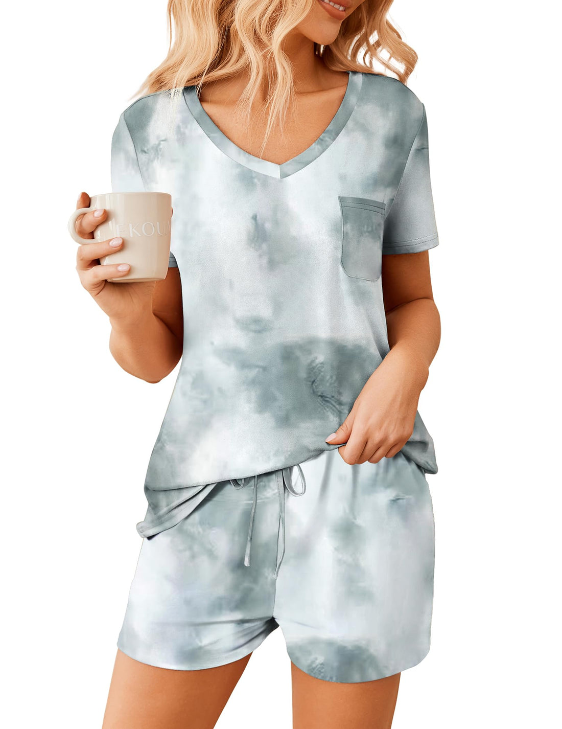 Ekouaer Womens Pajama Sets Short Sleeve Pajamas for Women Sets Soft Lounge Sets Casual V Neck Sleepwear PJS