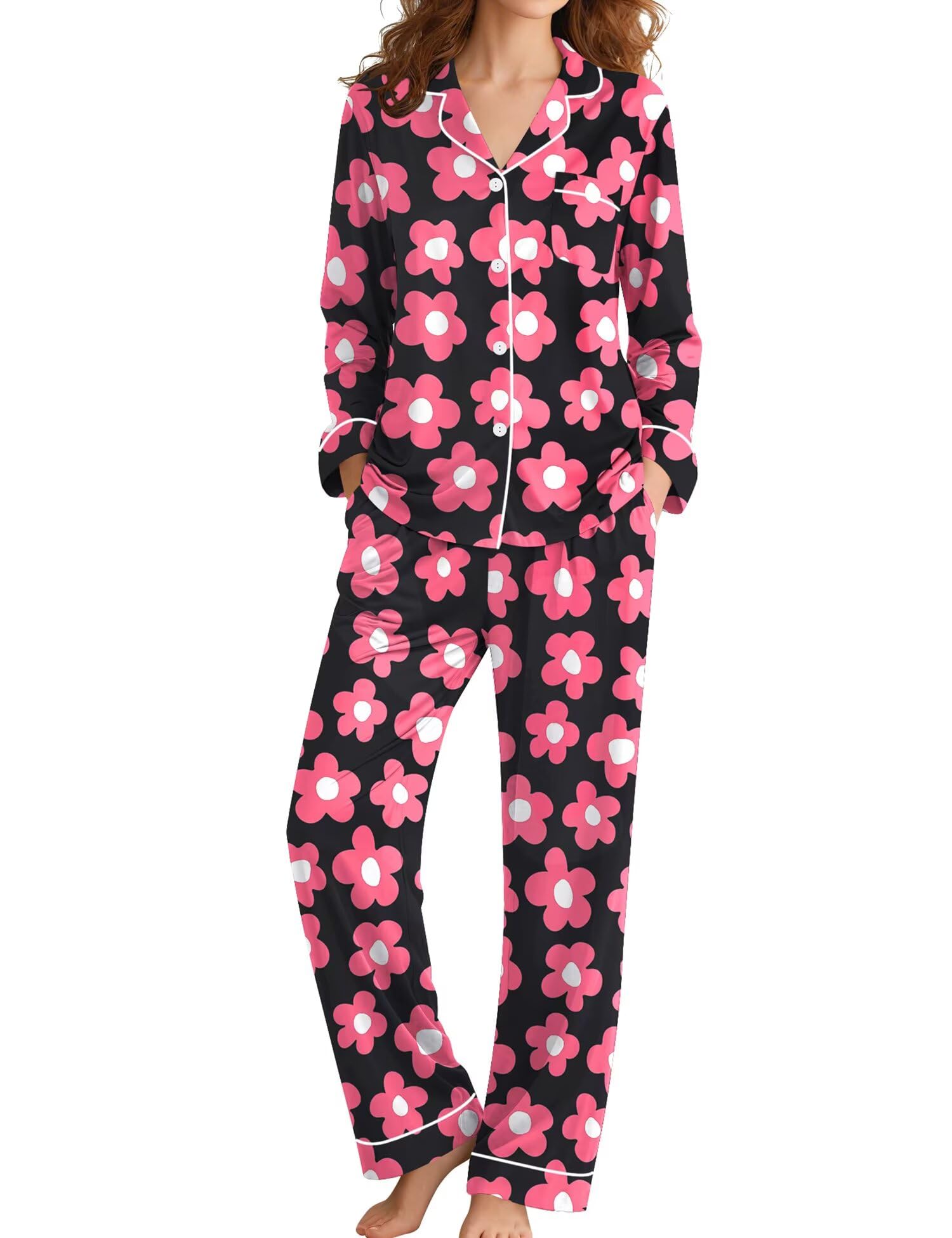 SWOMOG Womens Pajamas Set Long Sleeve Sleepwear Button Down Nightwear Soft Cotton Pj Lounge Sets