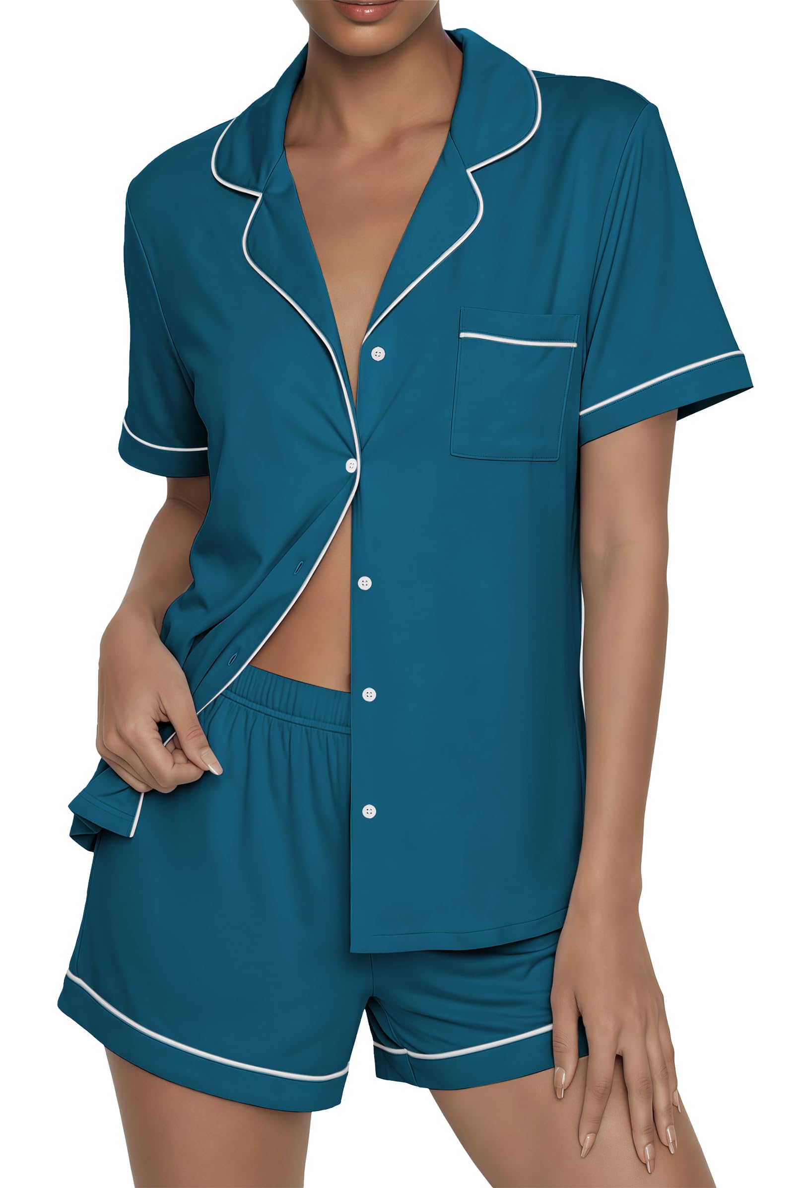 Ekouaer Womens Pajama Sets Button Up Summer Pjs 2 Piece Short Sleeve Sleepwear Lounge Set S-XXL