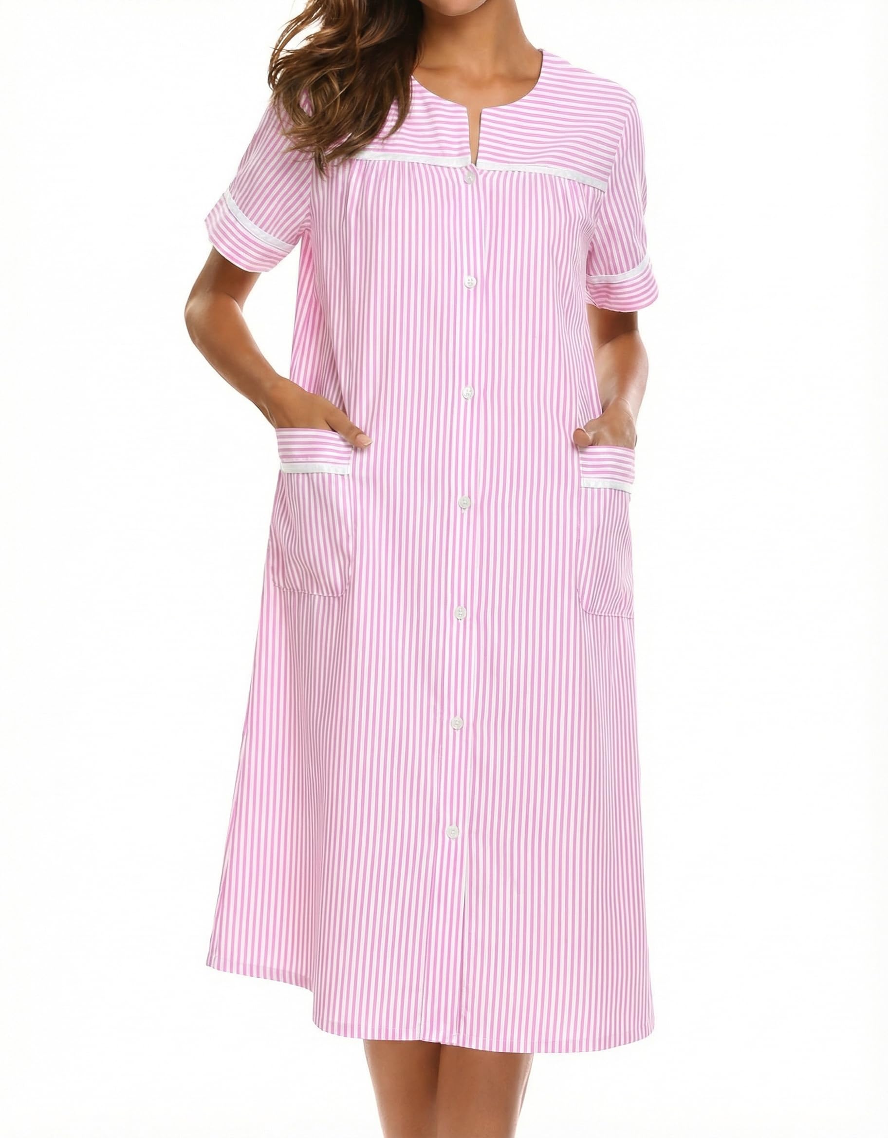 Ekouaer House Dress for Women with Pockets Duster Button Down Nightgown | Nightgowns for Women, Button Dwon House Dress with Pockets, Short Sleeve Duster Housecoat, Moo Moos for Elderly, Mumu Dress WEBE CLOTHING