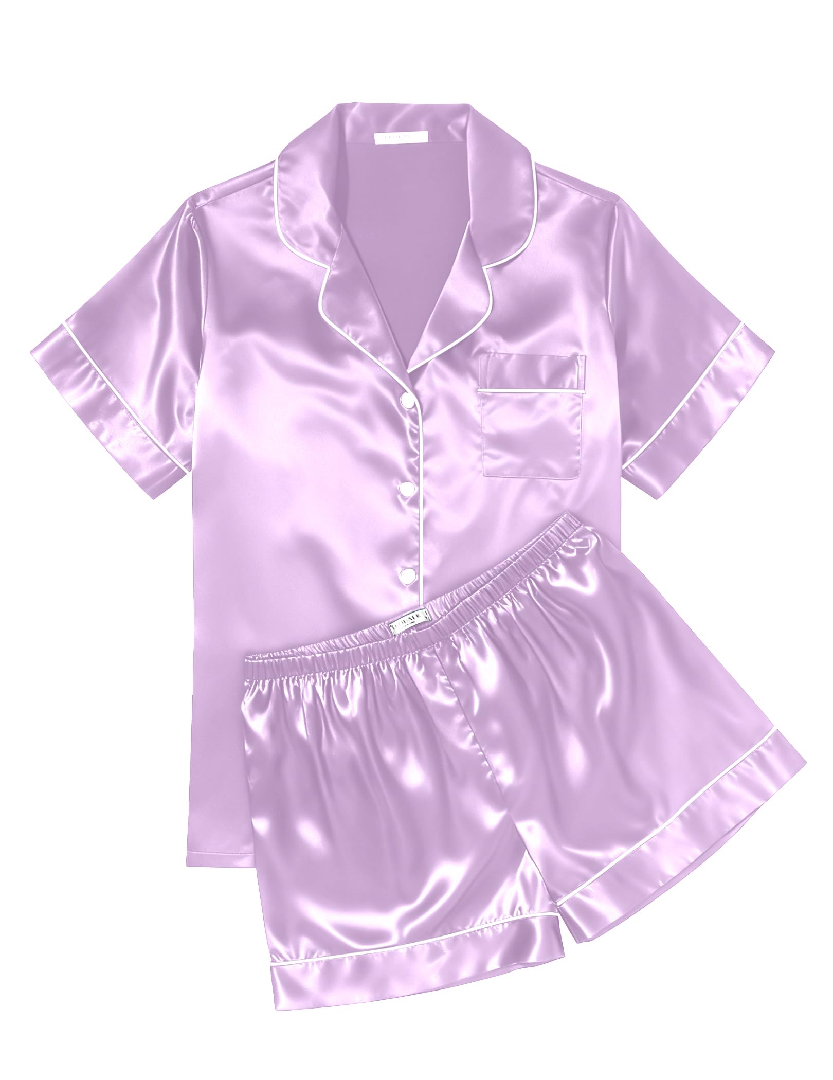 Ekouaer Womens Silk Satin Pajama Sets Soft Short Sleeve Button Down Sleepwear Top and Shorts 2 Piece Pjs Lounge Set