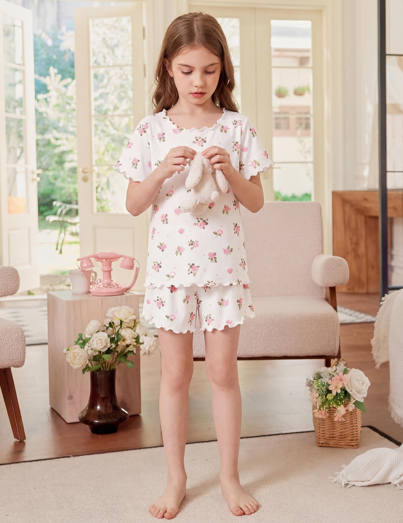 Arshiner Girls Pajama Set Short Sleeve Lounge Set Soft Shirring Summer Sleepwear Pj Sets
