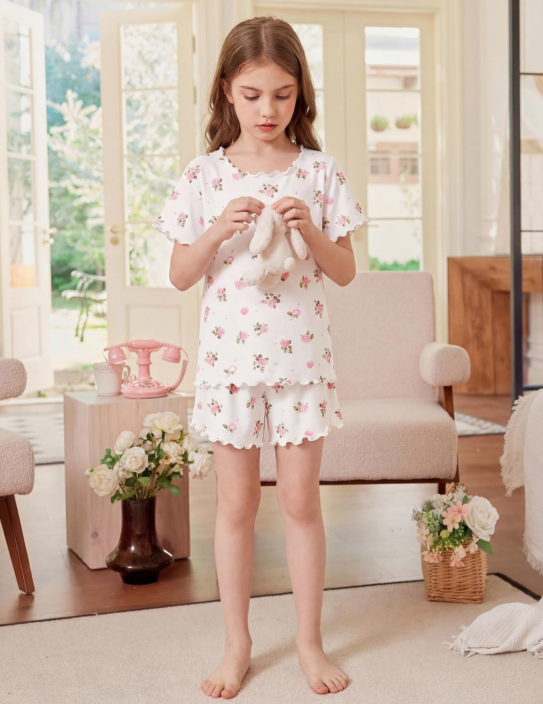 Arshiner Girls Pajama Set Short Sleeve Lounge Set Soft Shirring Summer Sleepwear Pj Sets